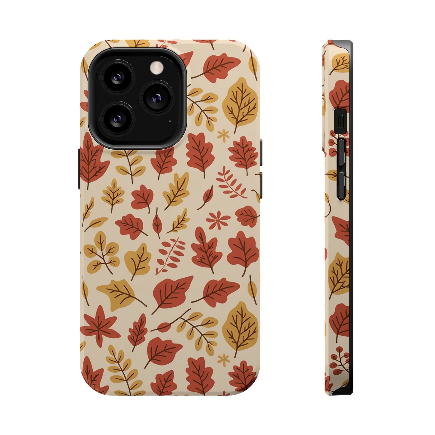Fall Leaves iPhone case with autumn leaf pattern, durable protective phone cover, dual-layer design with MagSafe compatibility