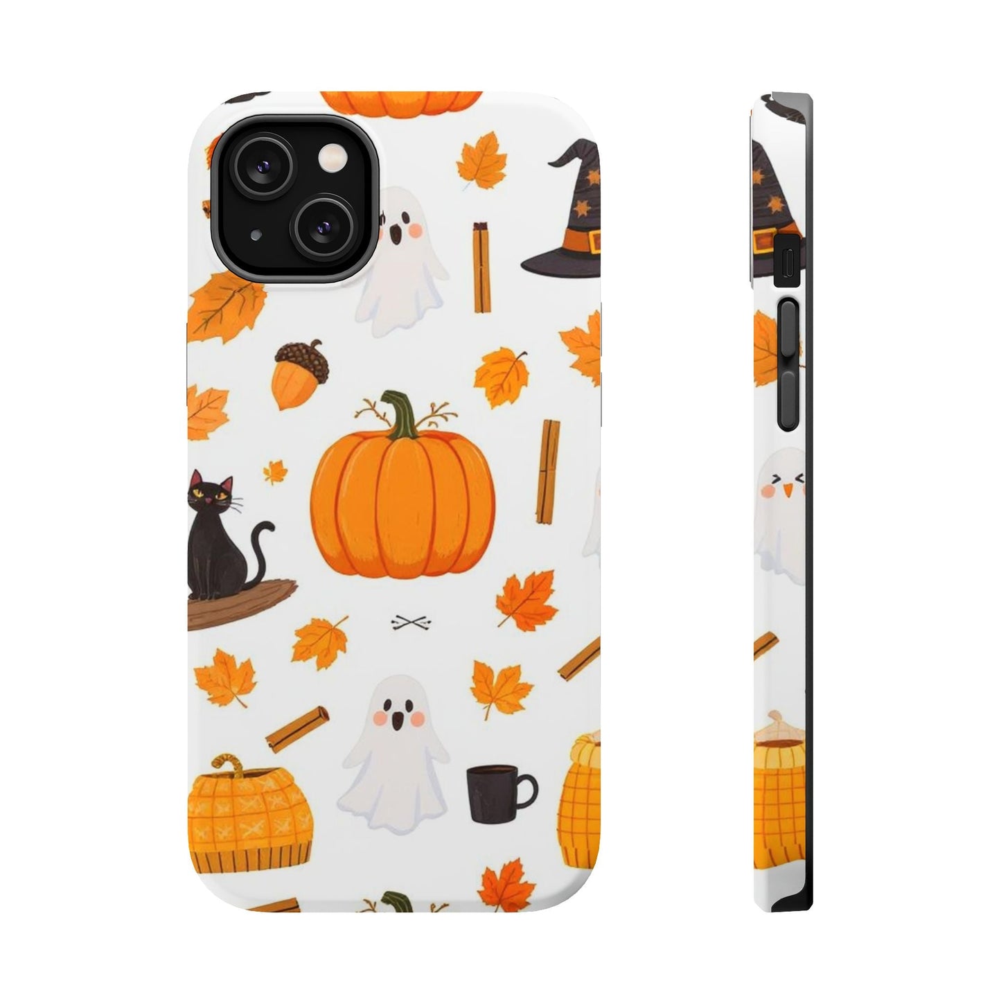 Halloween Pumpkins iPhone case with spooky pumpkins, ghosts, leaves, black cat, and witch hat design, MagSafe compatible durable phone cover