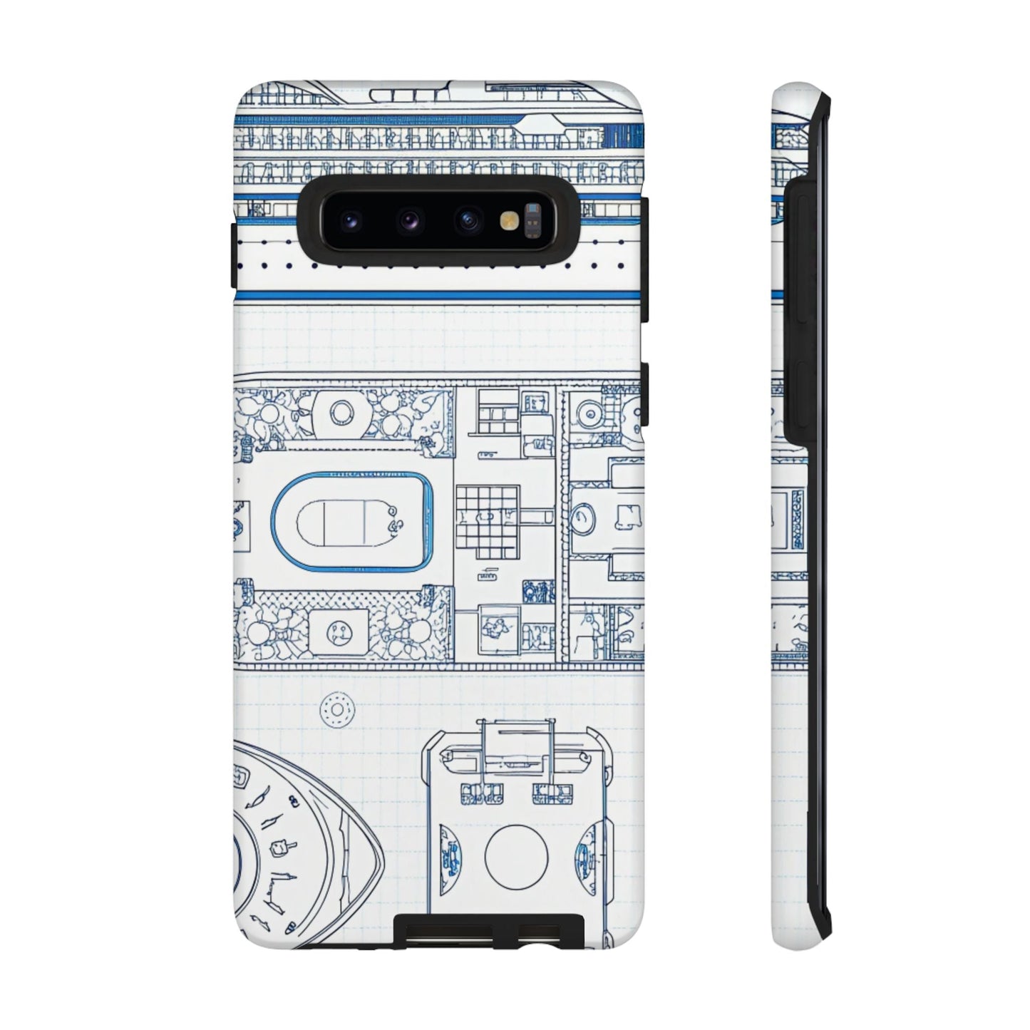 Samsung phone case with cruise ship design blueprint, durable and shock-resistant protective cover.