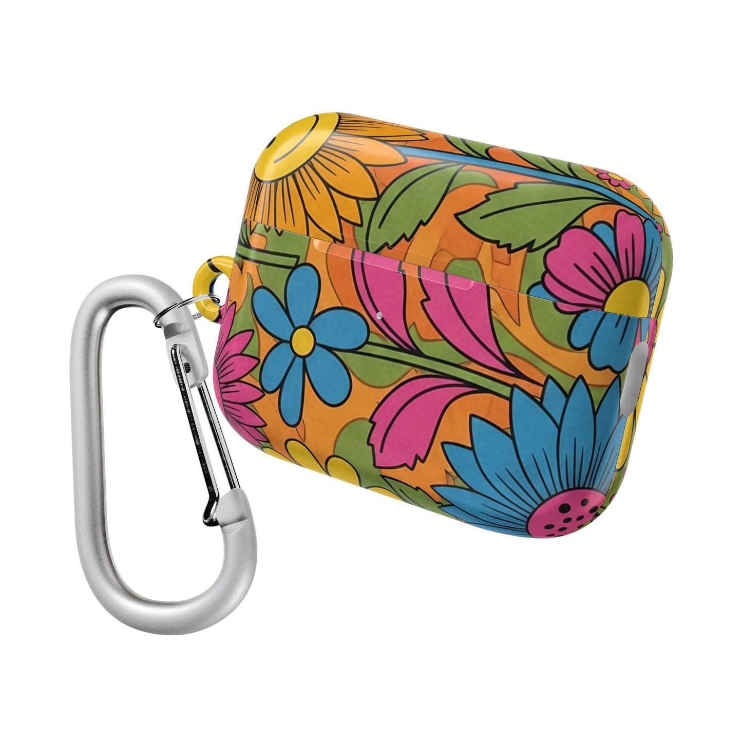 Flower Power AirPod Case with colorful floral design and carabiner attachment