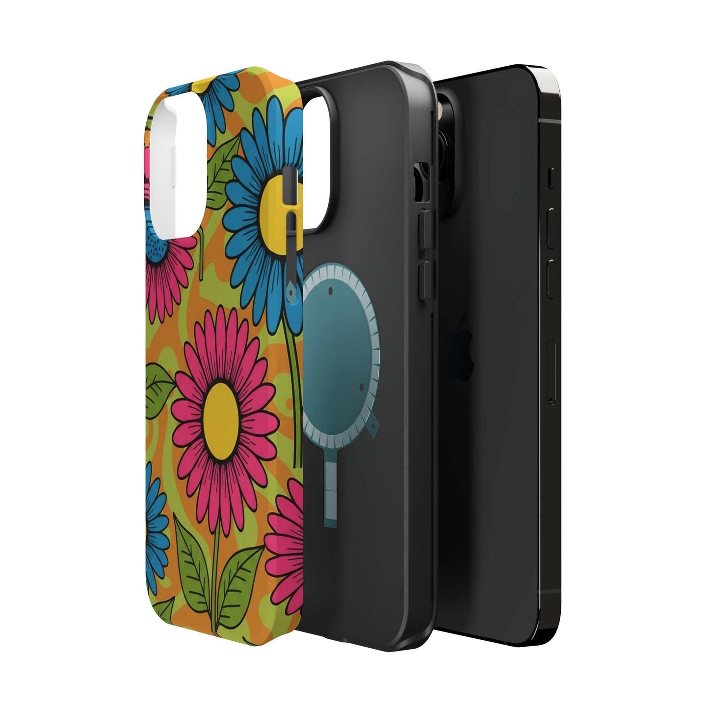 Flower Child iPhone Tough Case with vibrant floral design, impact-resistant dual-layer protection, MagSafe compatible, glossy or matte finish.