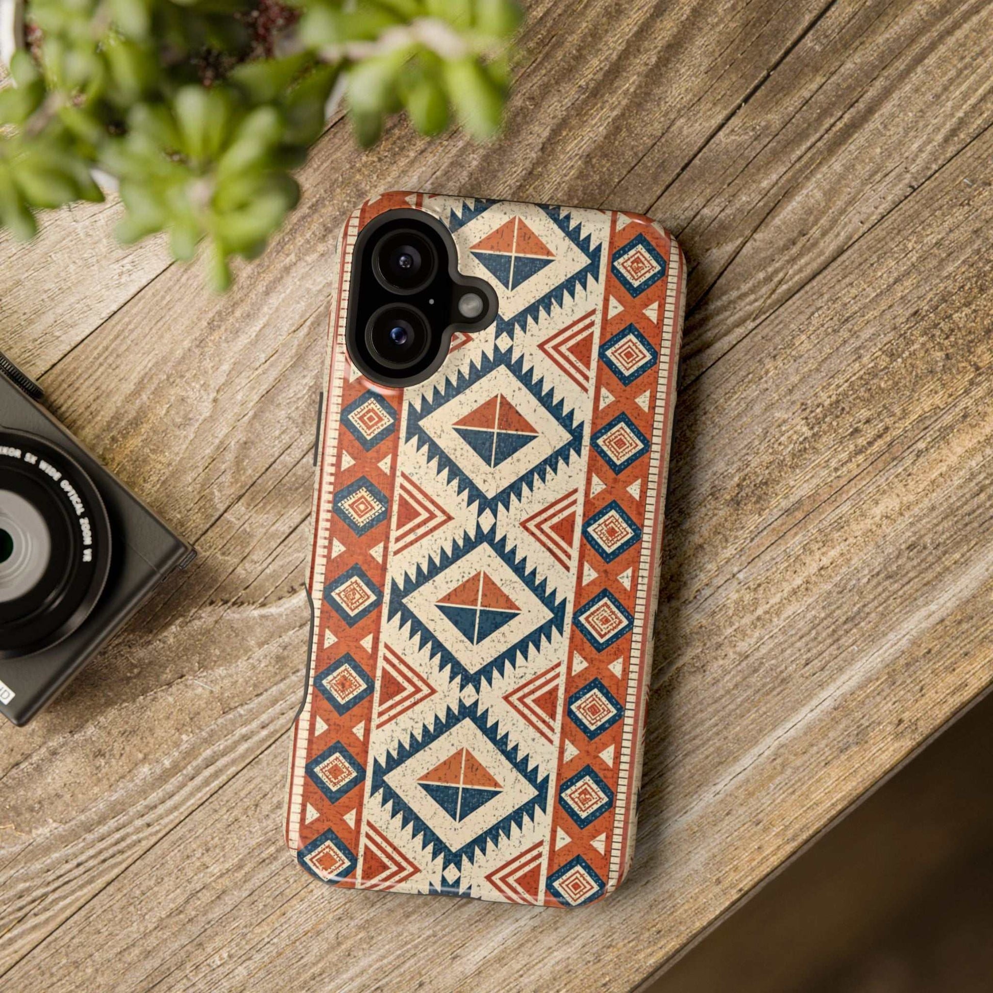 iPhone case with durable magnetic tough cover featuring tribal inspired pattern in earthy tones