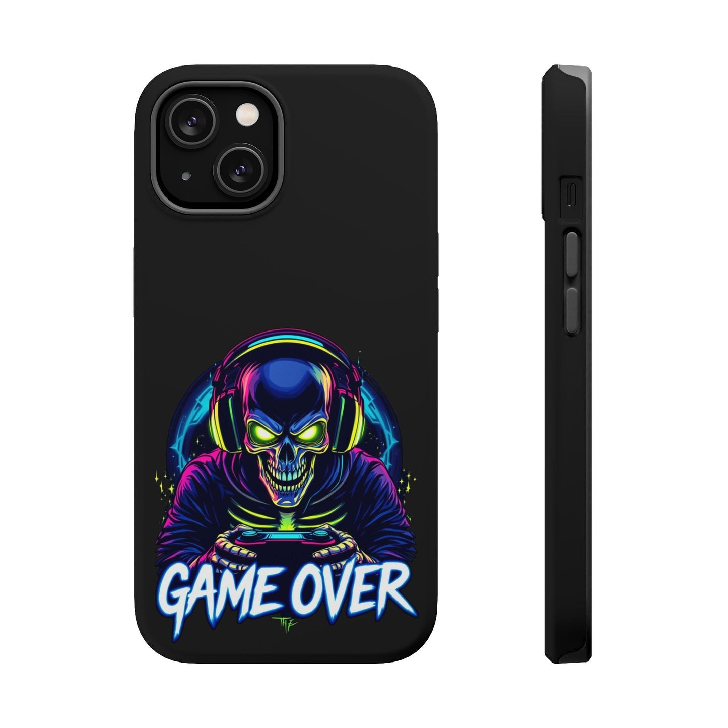 Game Over Gamer iPhone tough case with vibrant skull gamer artwork, durable dual-layer protection, and MagSafe compatibility.