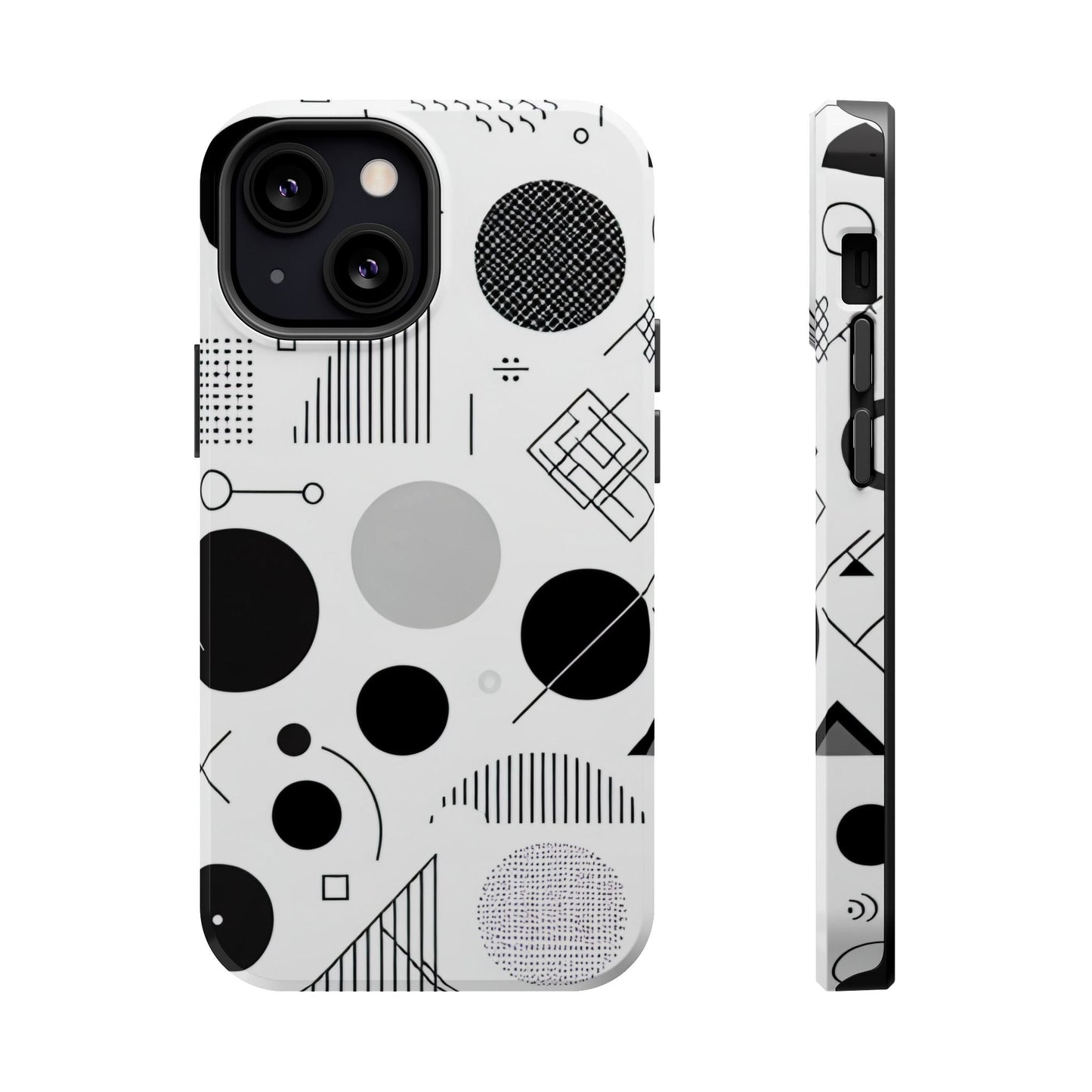 Black and white abstract art iPhone case with geometric shapes and minimalist design, protective cover for iPhone 13 to 17 series.