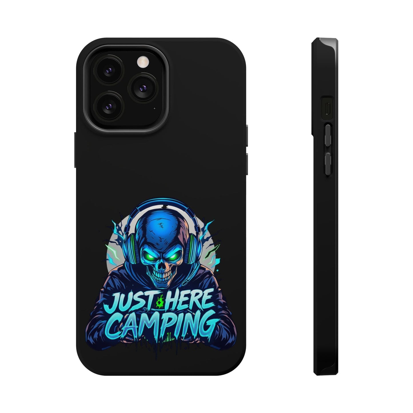 iPhone tough case with Just Here Camping Gamer skull design in blue and green tones, durable dual-layer protection with MagSafe compatibility