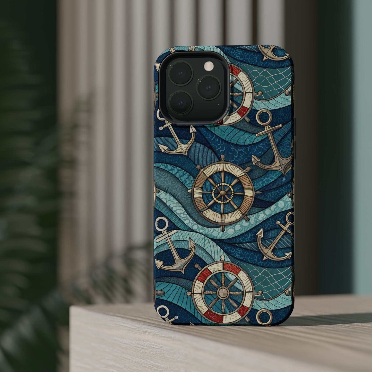 Nautical Theme iPhone case with anchors, ship wheels, and ocean waves design in blue tones for iPhone 13-16 series.