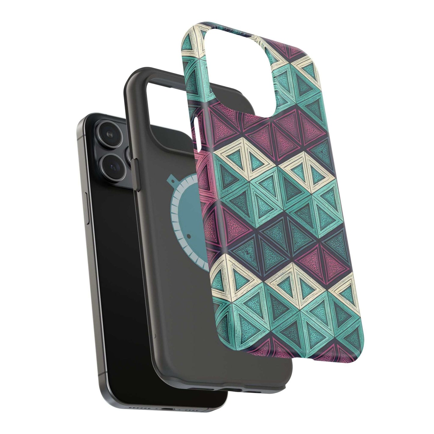 Purple and Teal Abstract geometric patterned magnetic iPhone tough case with MagSafe compatibility