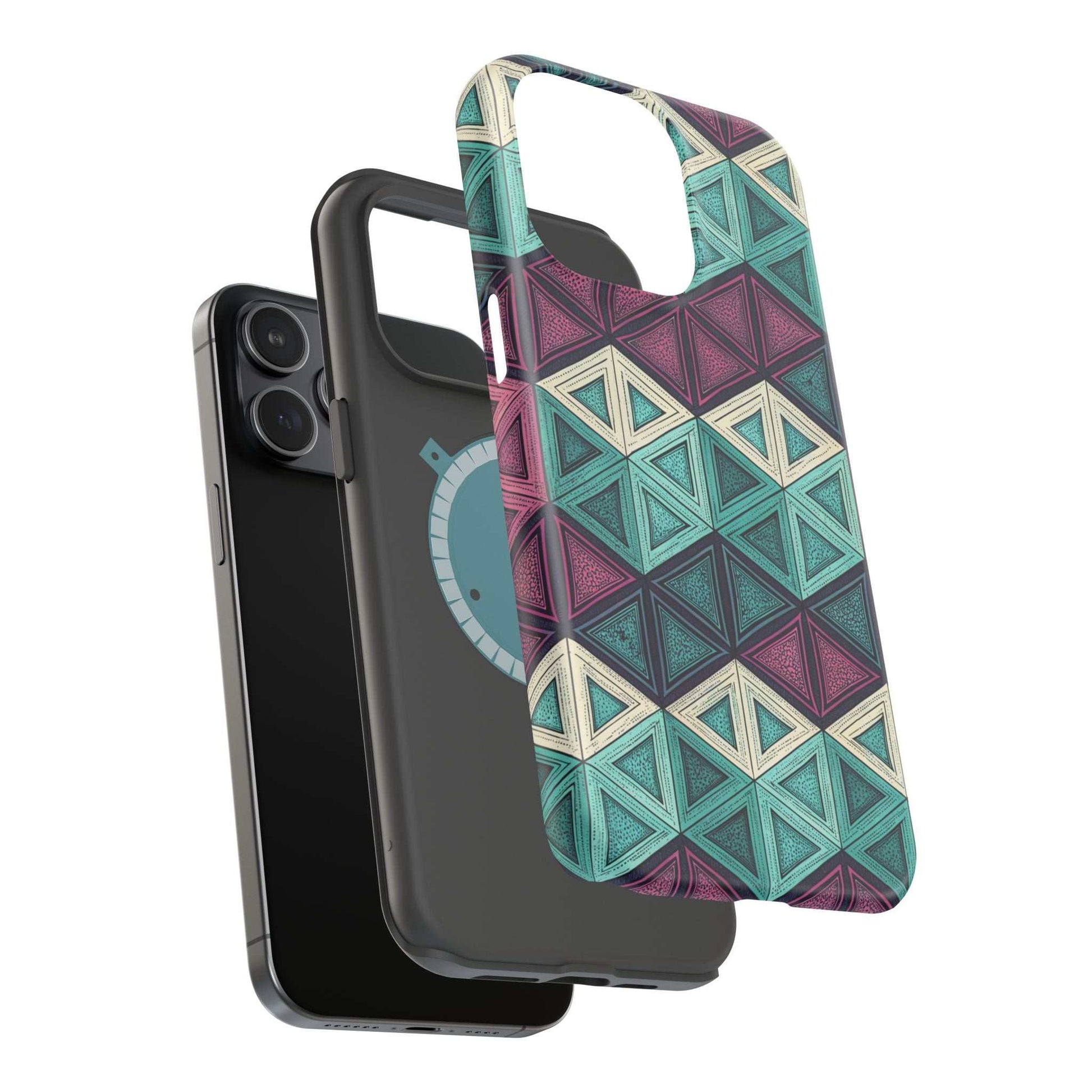 Purple and Teal Abstract geometric patterned magnetic iPhone tough case with MagSafe compatibility