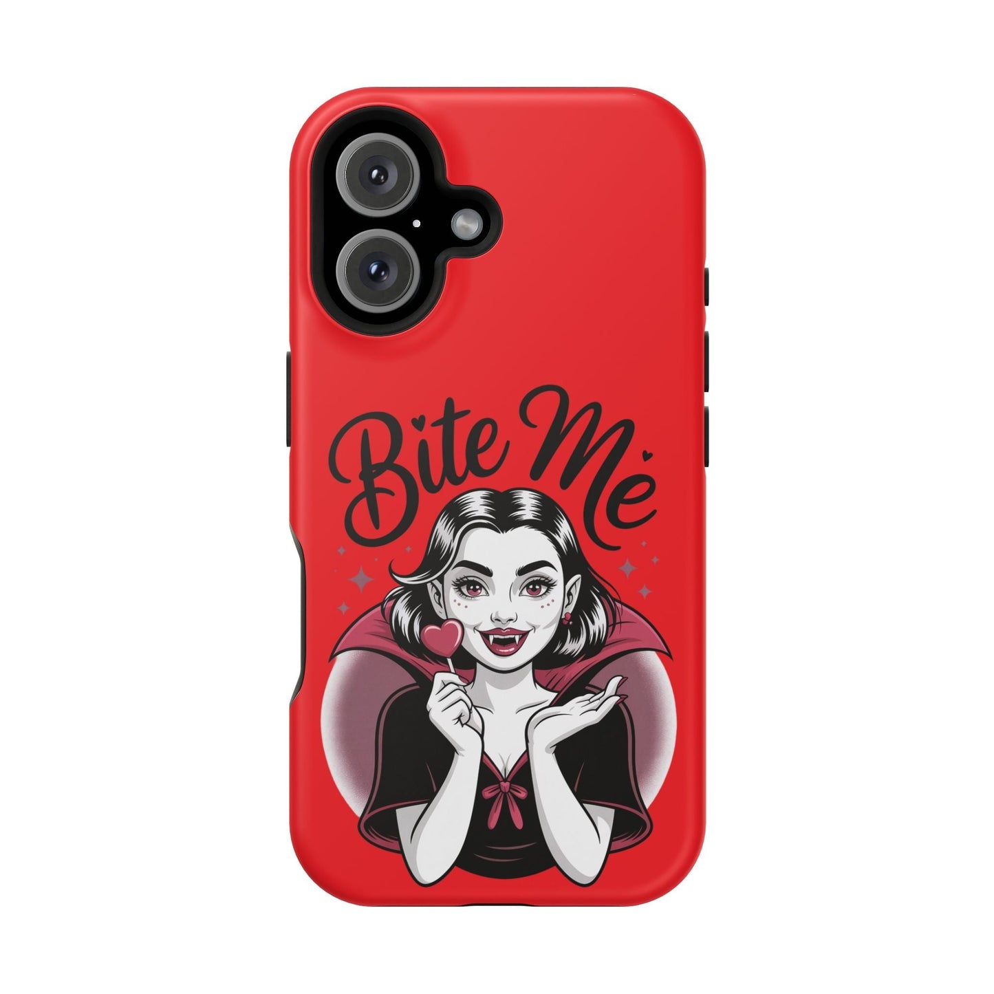 Halloween Vampire iPhone case with "Bite Me" text and cartoon vampire girl holding a heart-shaped lollipop on red background