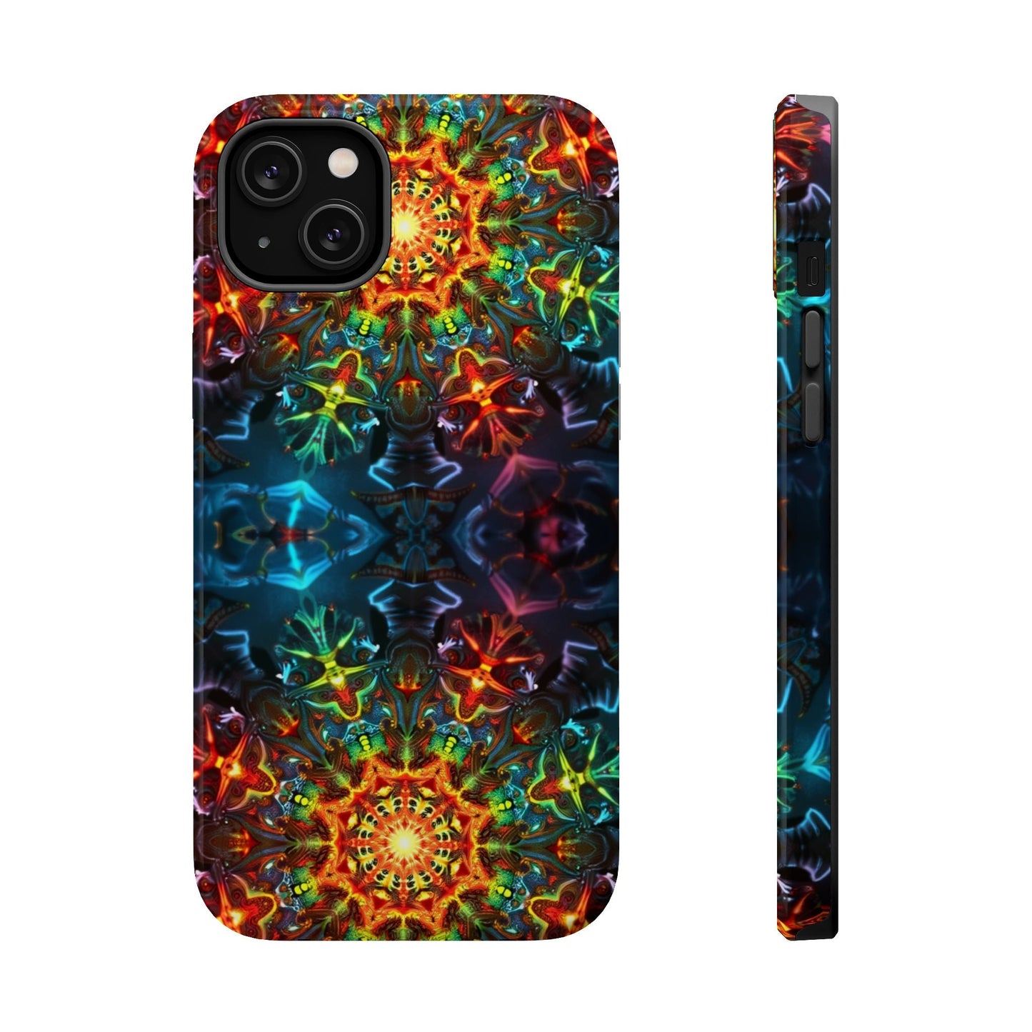 iPhone case with vibrant abstract kaleidoscope design, durable dual-layer protection, and MagSafe compatibility