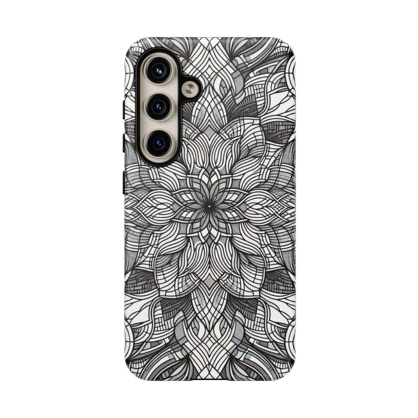 Black and white art explosion Samsung phone case with intricate 3D floral design and full protection.