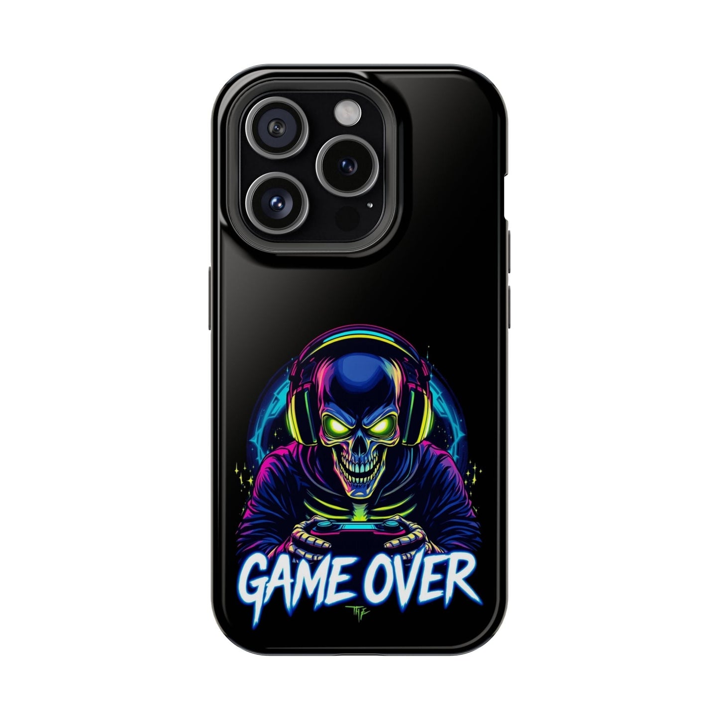 Game Over Gamer iPhone tough case with skull wearing headphones and vibrant neon colors, durable dual-layer protective design with MagSafe compatibility.