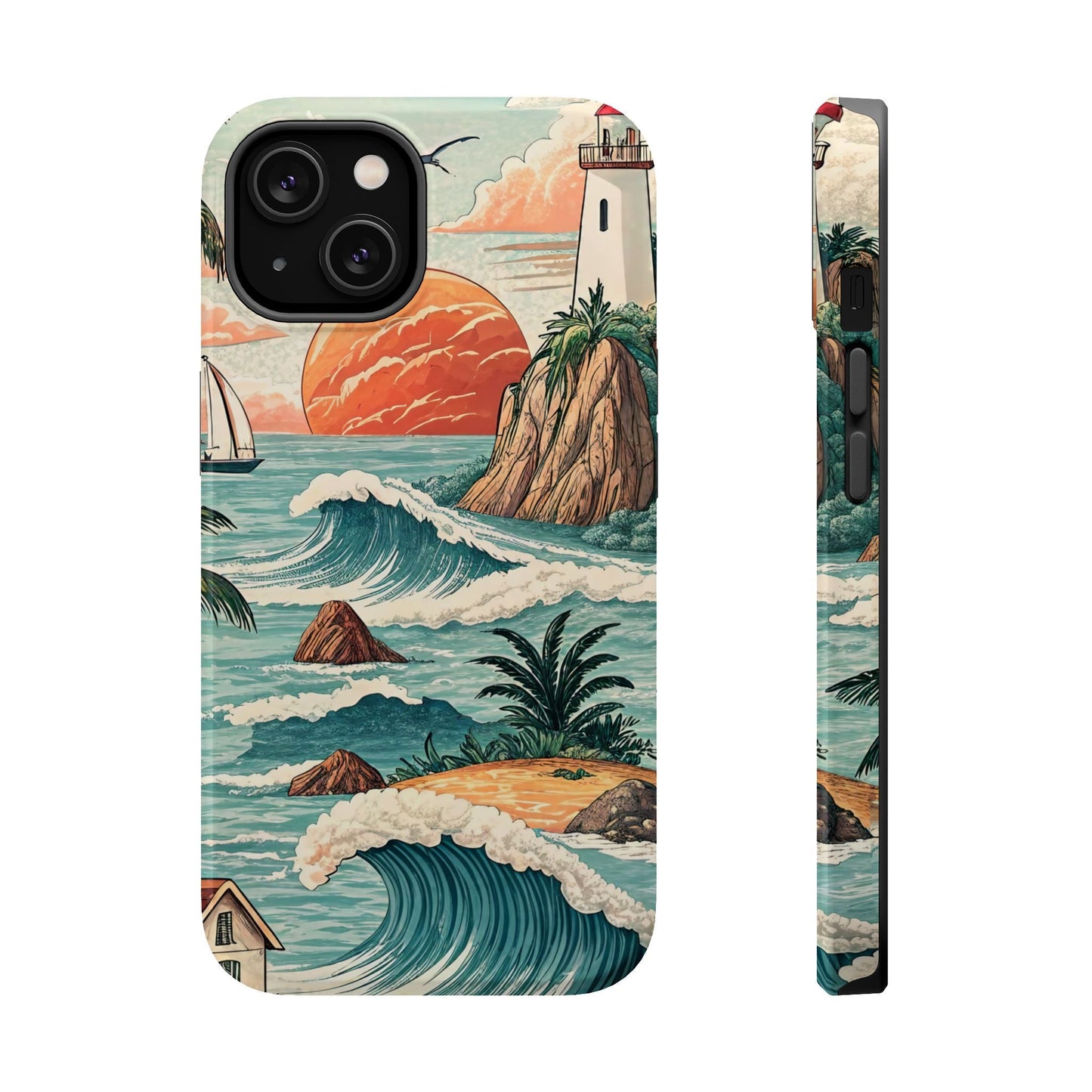 Lighthouse Inspired iPhone tough case with coastal sunset design, durable polycarbonate and TPU protection, available in matte or glossy finish.