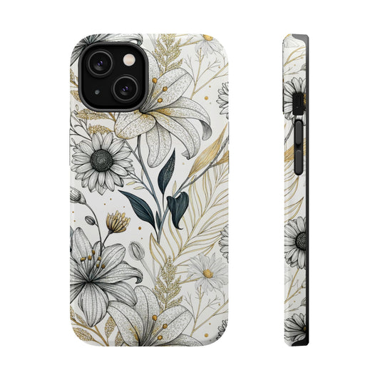 iPhone case with modern minimalist golden leaf flower design in black, white, and gold colors, with durable tough dual-layer protection and MagSafe compatibility