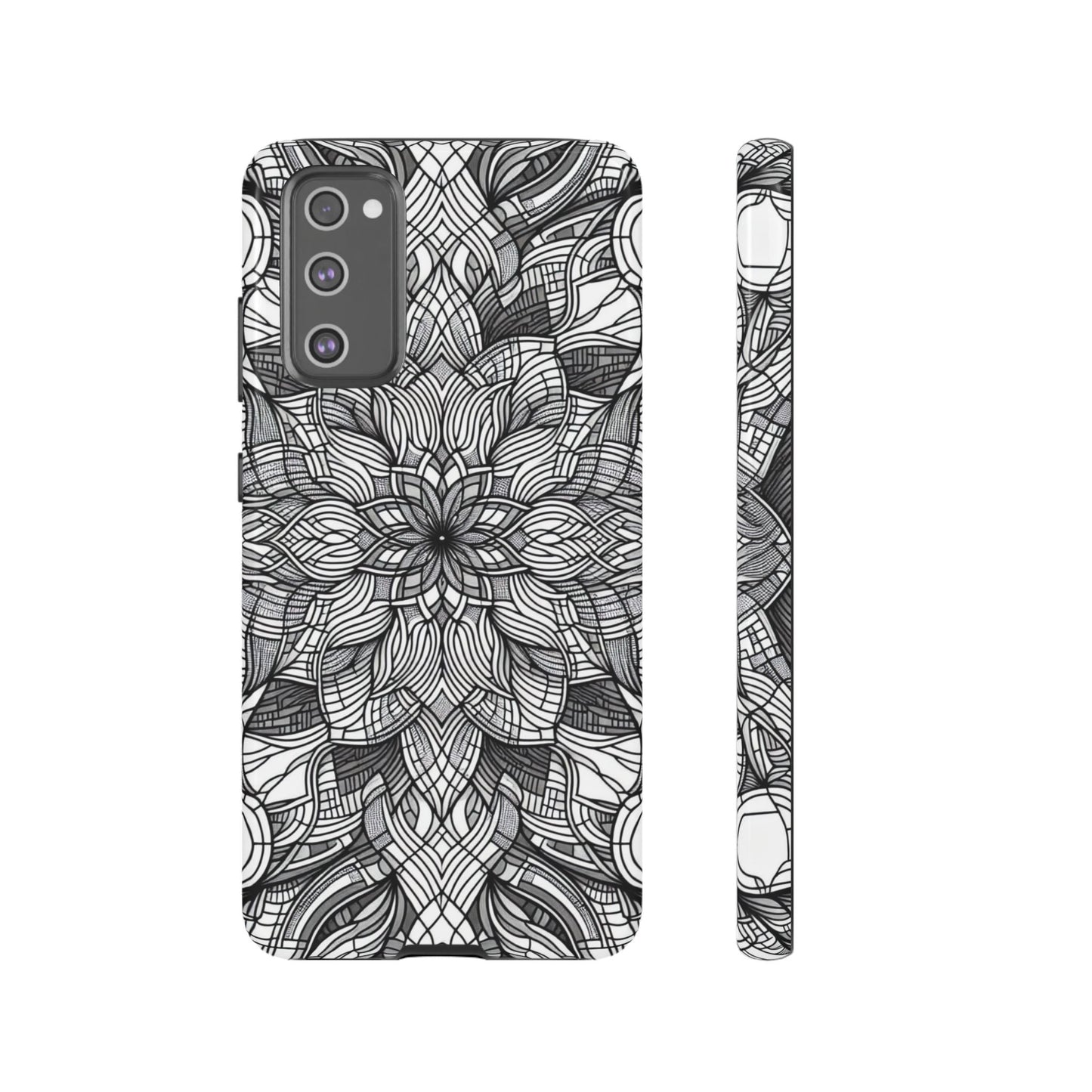 Black and white art explosion Samsung phone case with intricate floral design and full protection