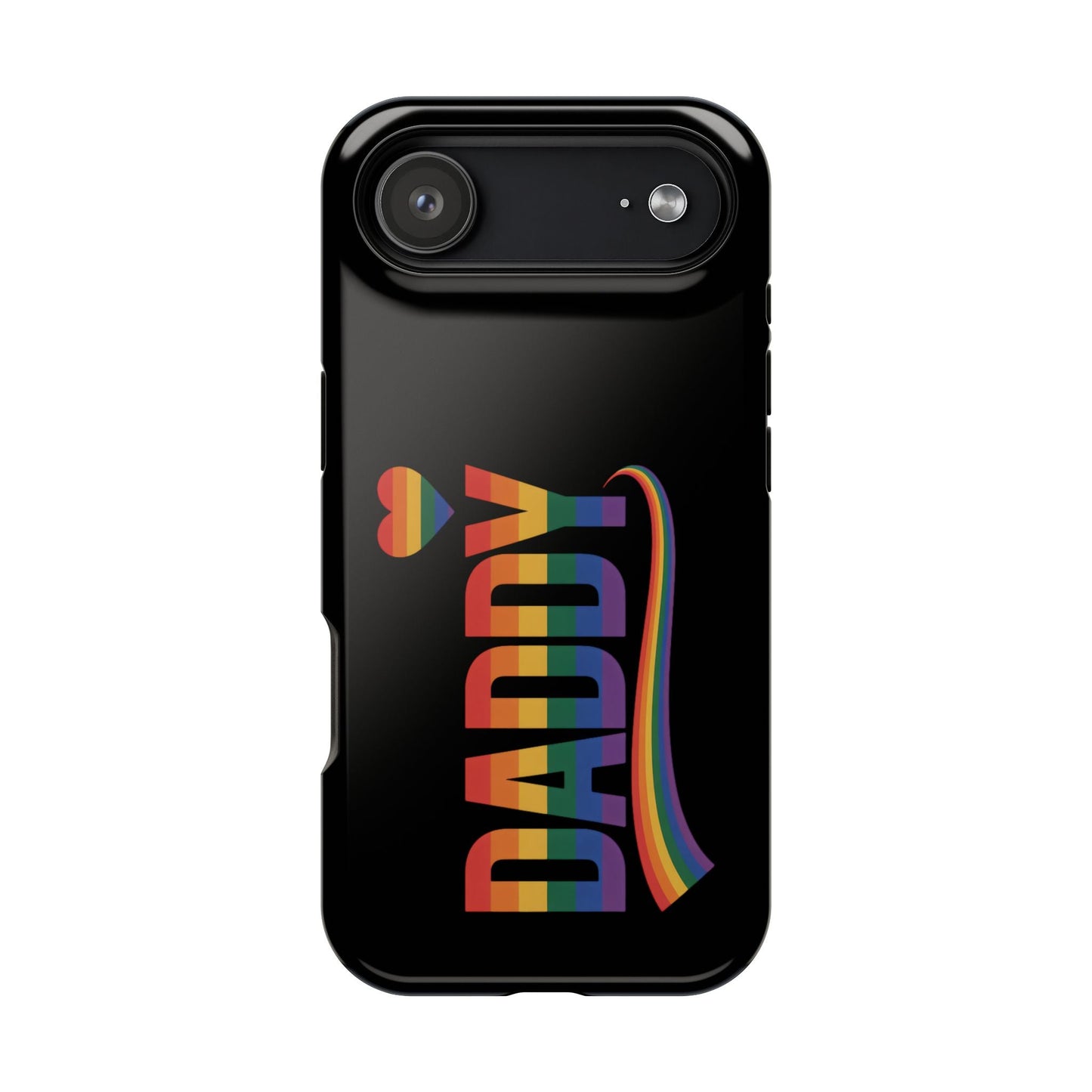 Black iPhone case with Fun Daddy LGBT Daddy rainbow text and heart design, tough protective cover with MagSafe compatibility