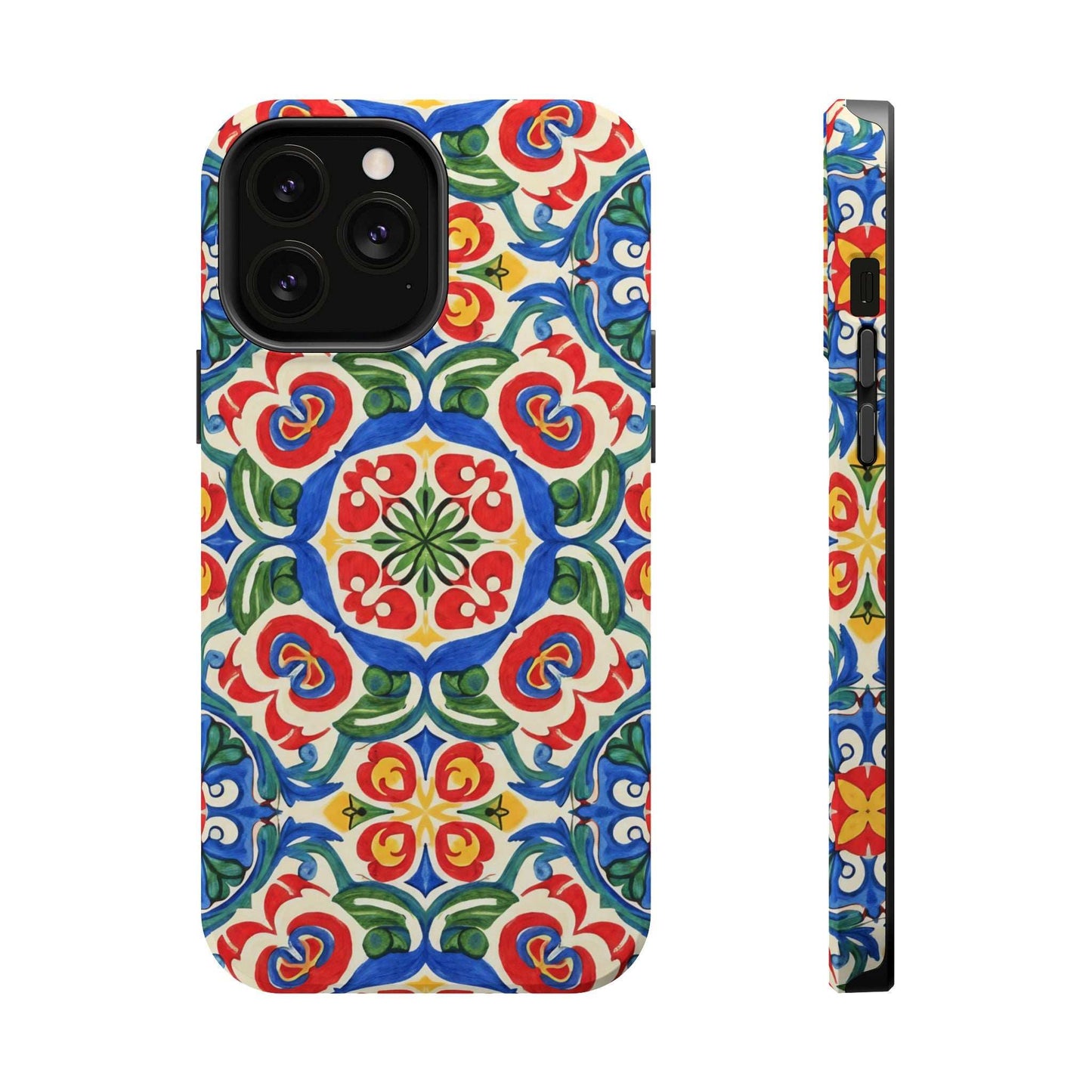 Mediterranean iPhone Case with colorful folk tile art pattern and MagSafe compatibility