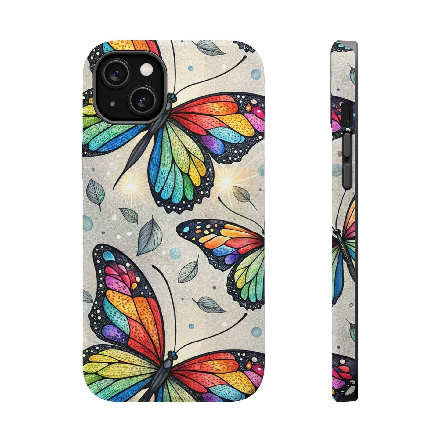 Colorful Vibrant Rainbow Butterfly iPhone case with tough dual-layer protection and MagSafe compatibility
