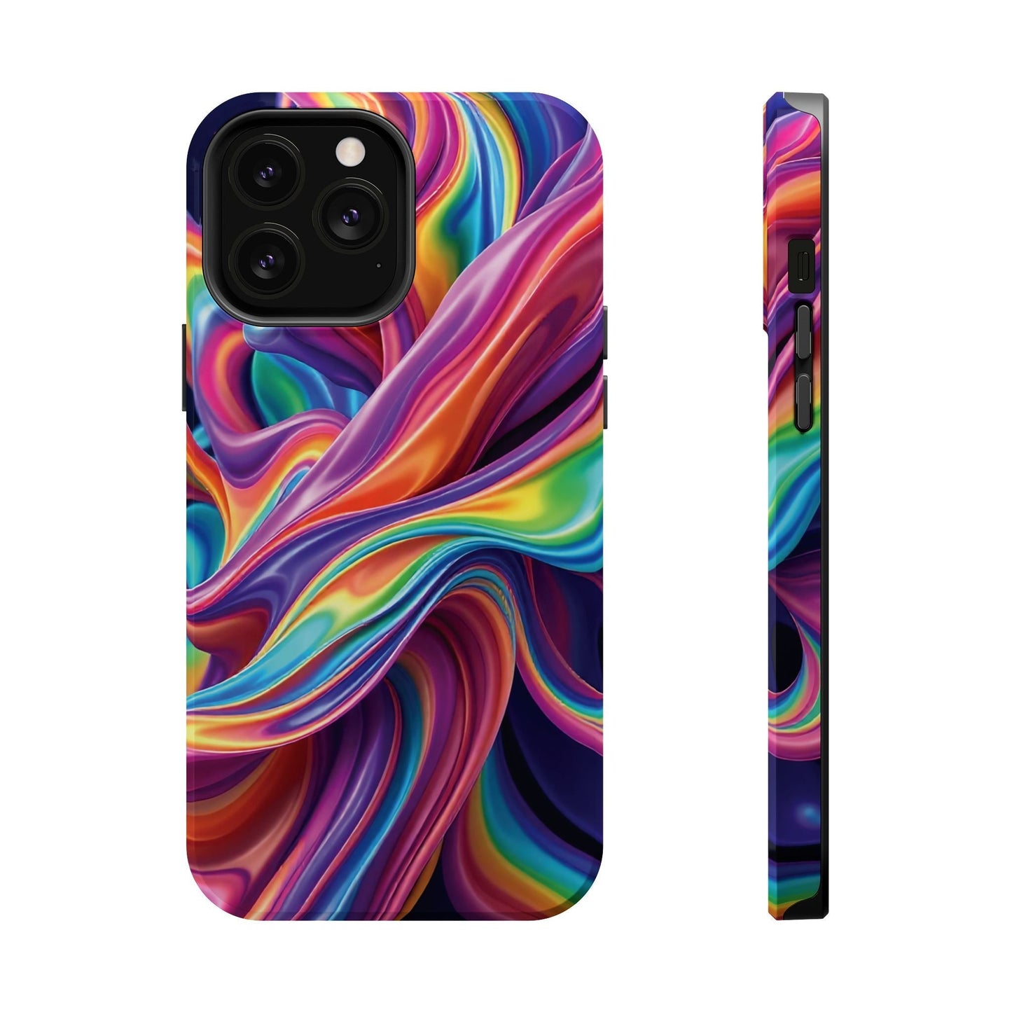 iPhone tough case with vibrant wrapping rainbow design and durable dual-layer protection with MagSafe compatibility