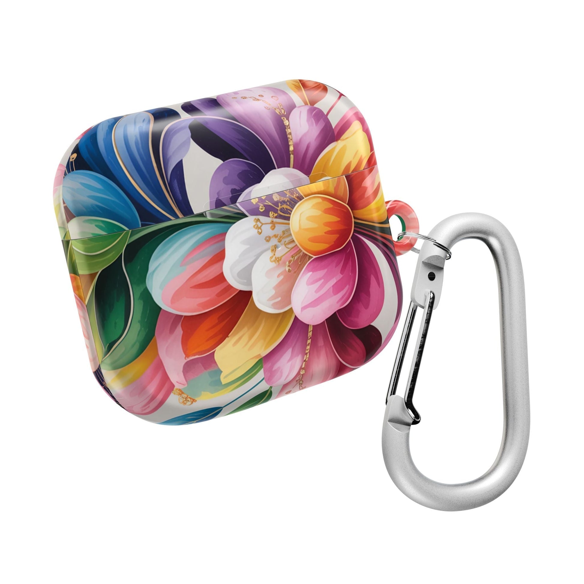 Floral inspired AirPod case with durable polycarbonate material and carabiner attachment
