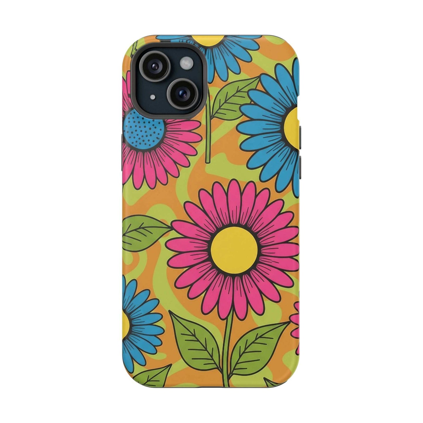 Flower Child iPhone tough case with colorful floral design, impact-resistant and MagSafe compatible