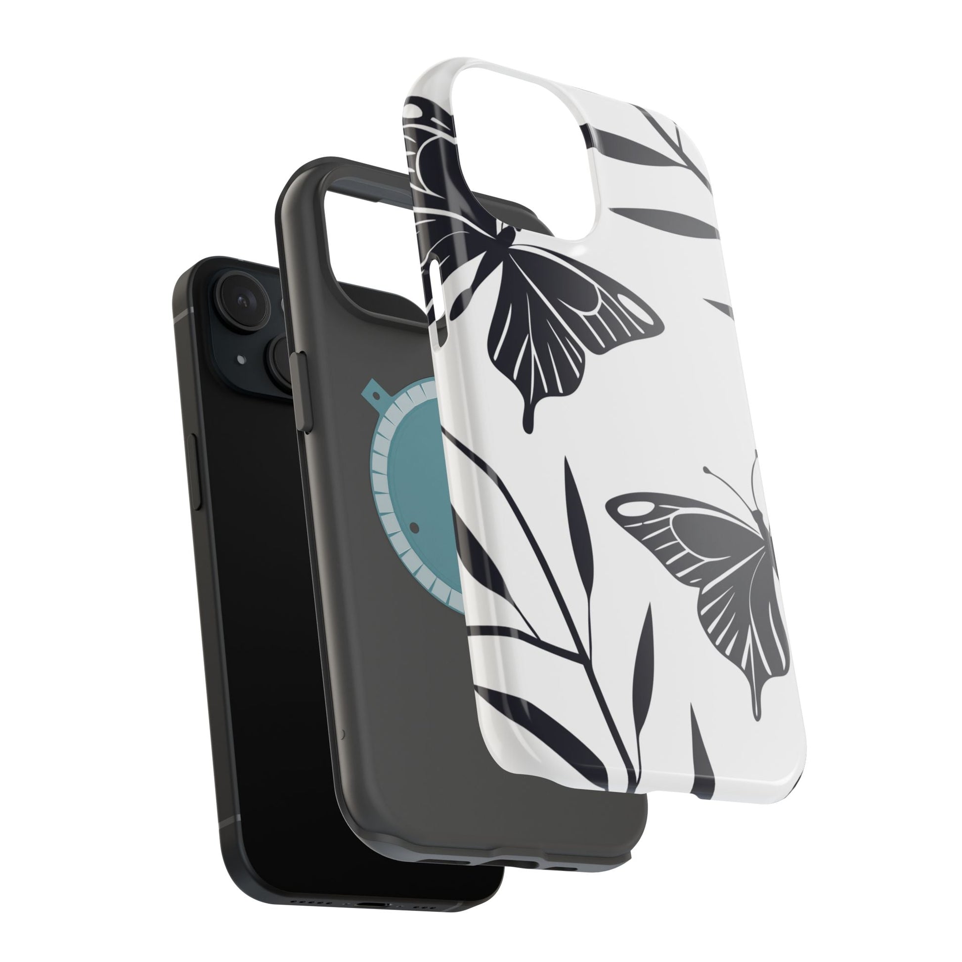 Black and white minimalist butterfly design iPhone case with sturdy polycarbonate and TPU layers, MagSafe compatible, available in matte or glossy finish.