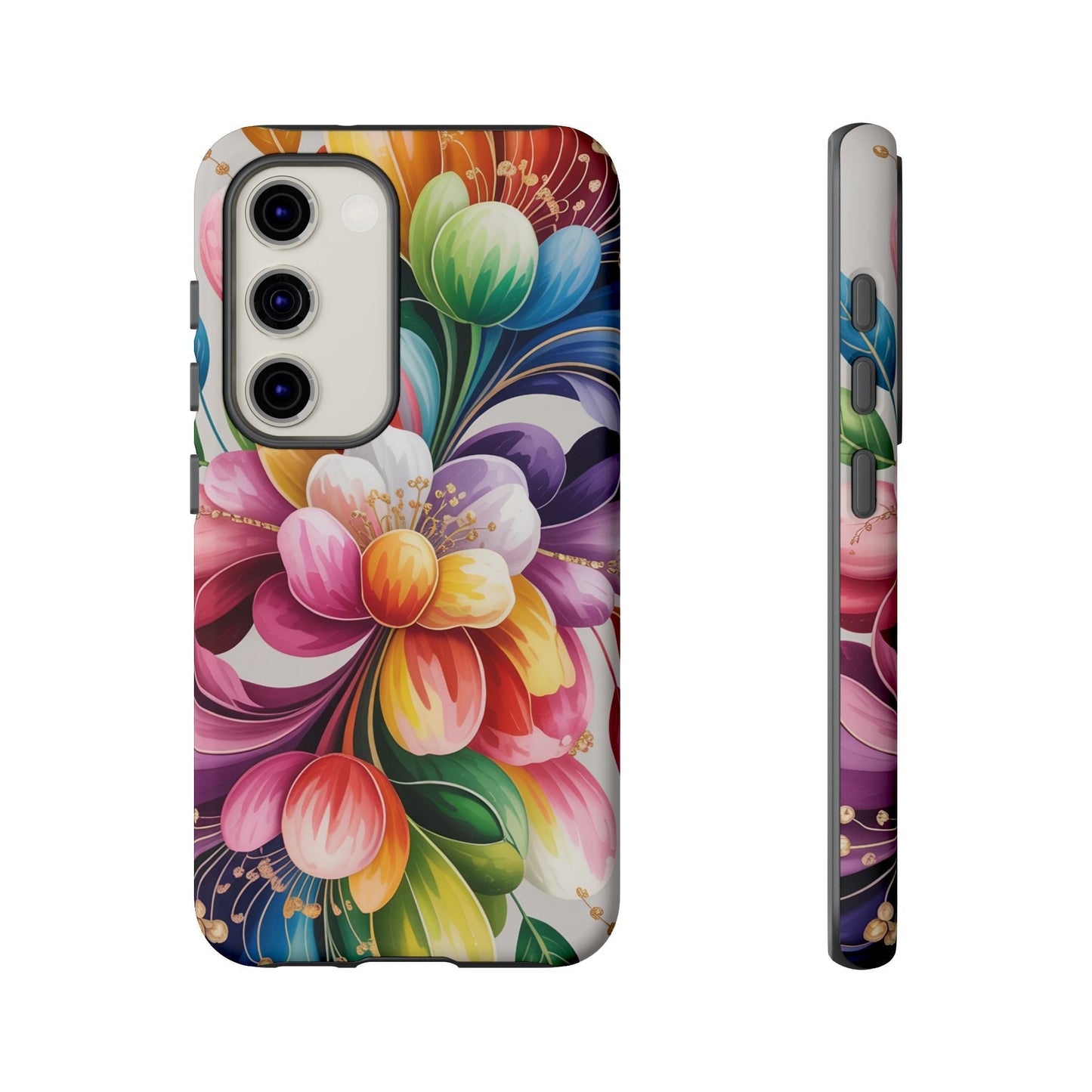 Vibrant floral Samsung phone case with full ink wrap, durable impact-resistant polycarbonate and TPU material, shock-absorbing silicone liner, and wireless charging support.