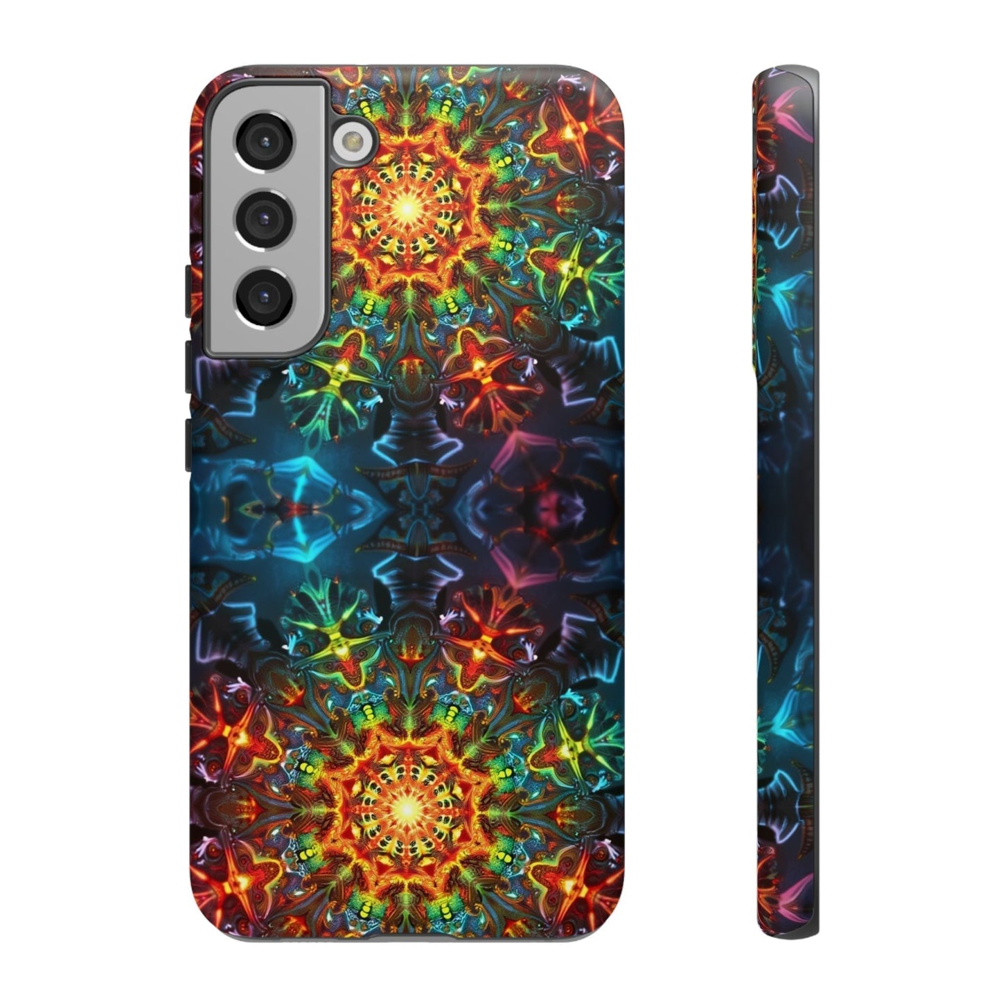 Colorful abstract kaleidoscope pattern on a protective Samsung phone case with detailed 3D print design.