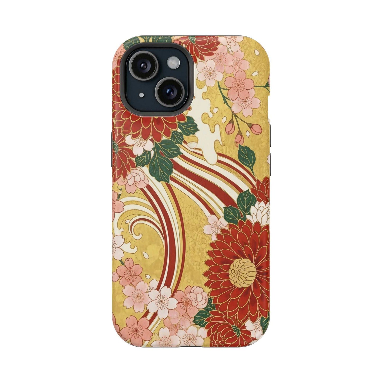 Japanese floral chrysanthemum and cherry blossom magnetic impact-resistant iPhone case with dual-layer protection and full-wrap photo-realistic print
