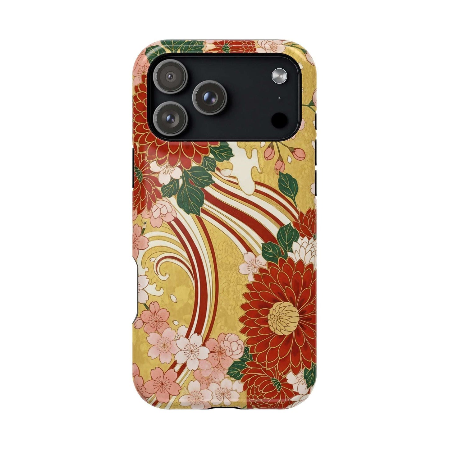 Japanese floral chrysanthemum and cherry blossom iPhone case with magnetic impact-resistant design and full-wrap photo-realistic print