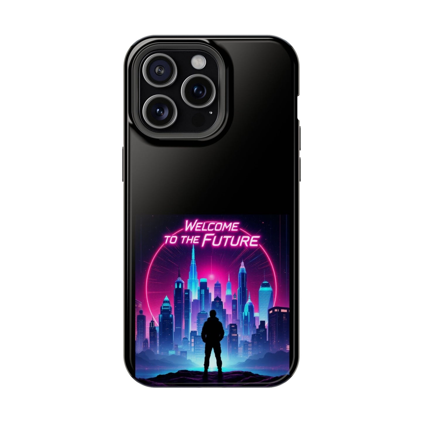 Futuristic Vibe iPhone Case with neon cityscape and "Welcome to the Future" text, durable MagSafe compatible cover