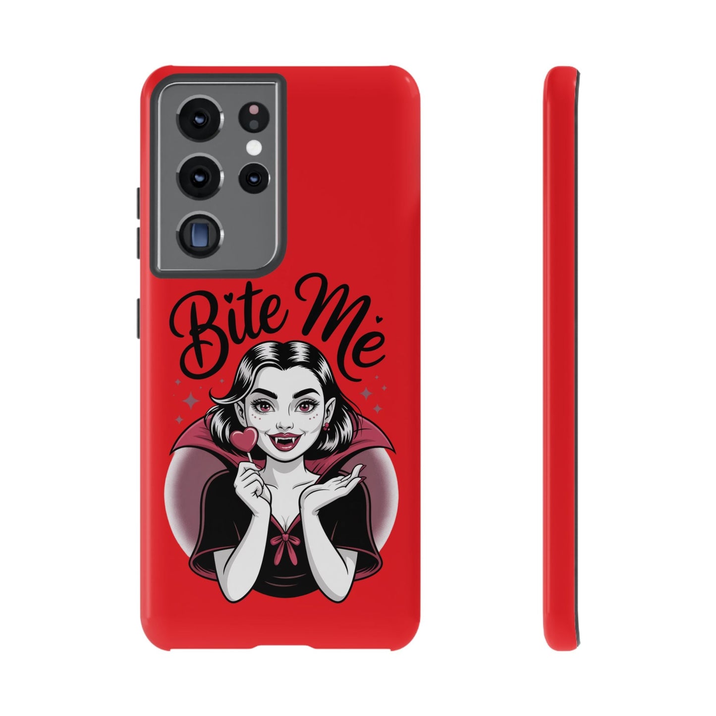 Red Samsung phone case with "Bite Me" vampire girl illustration and heart-shaped lollipop design