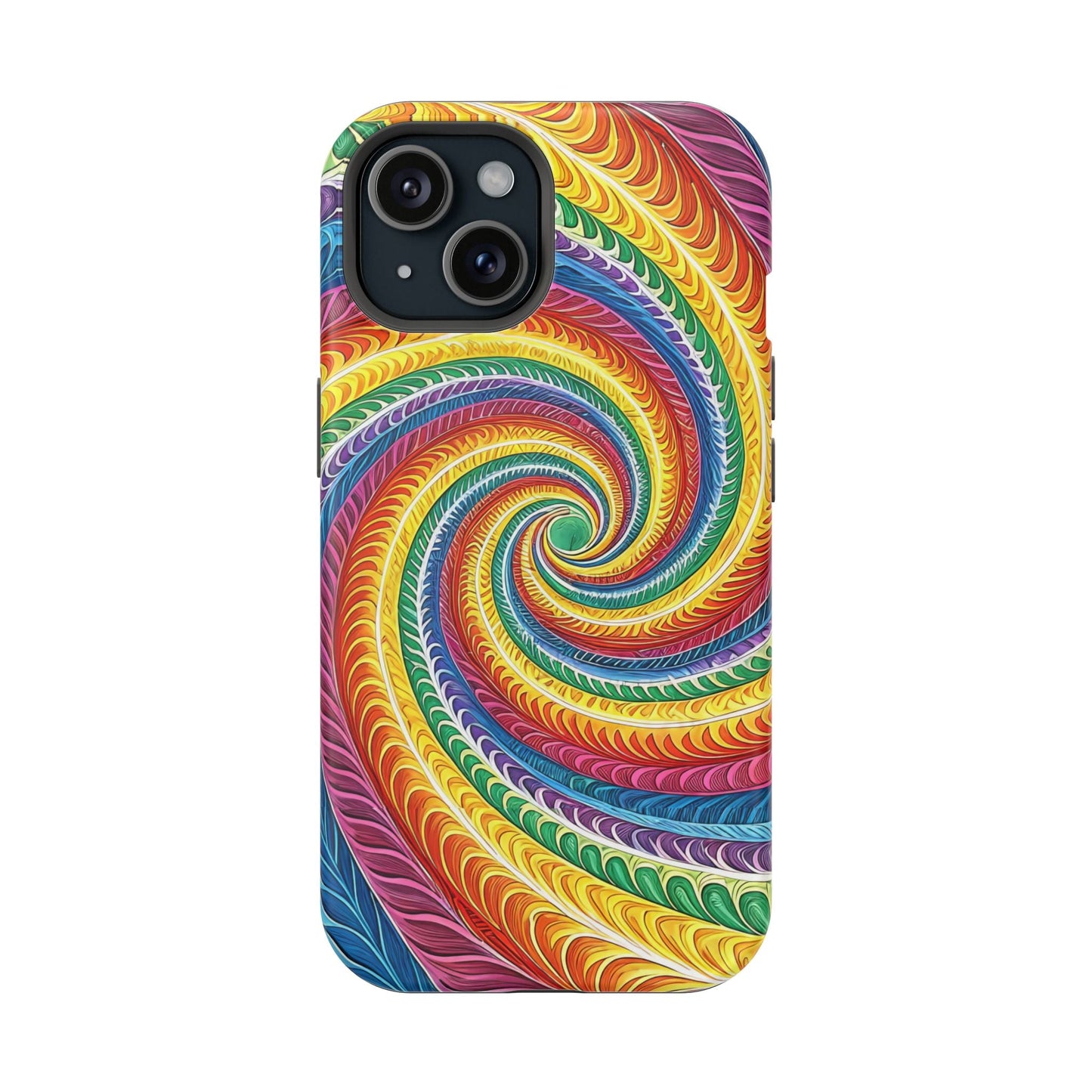 Rainbow Swirl iPhone Tough Case with vibrant colorful spiral design and MagSafe compatibility