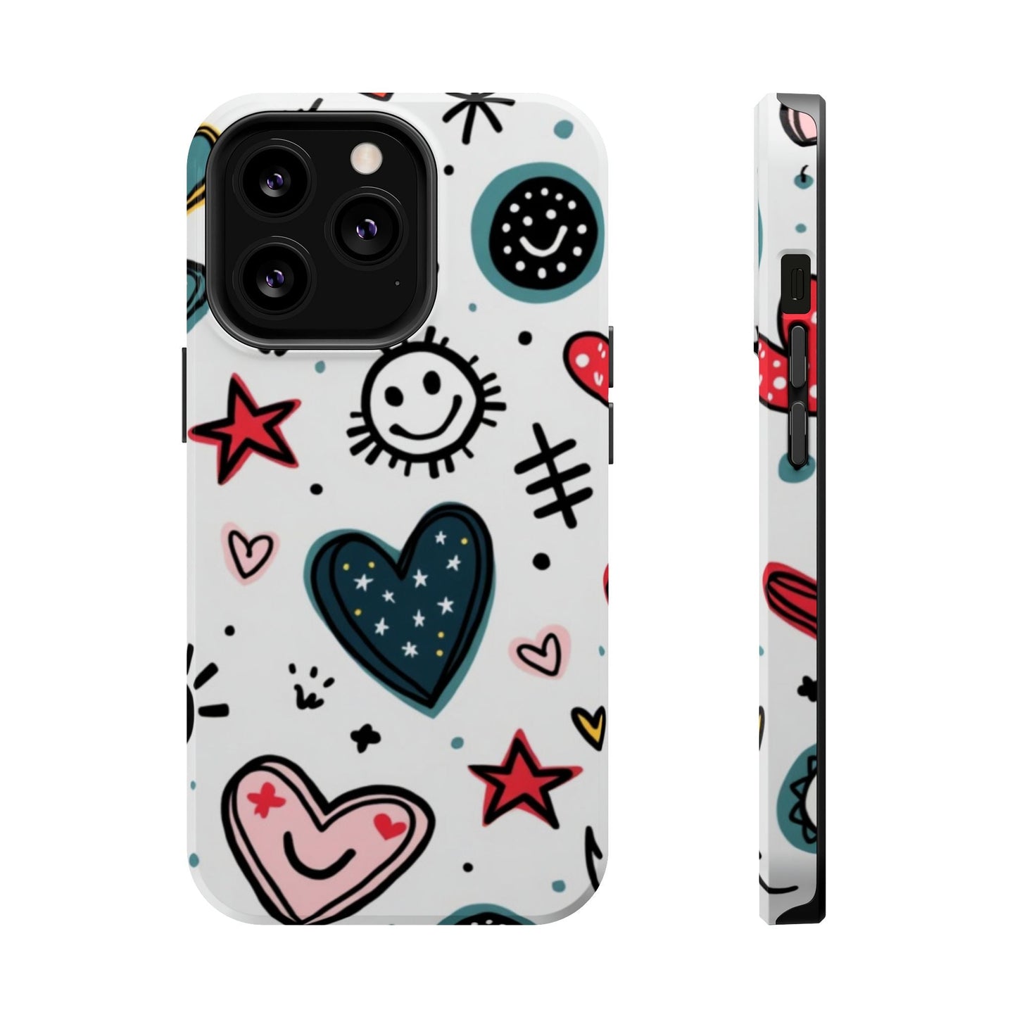 iPhone case with colorful cartoon hearts, smiles, and stars design, durable protective tough cover with MagSafe compatibility