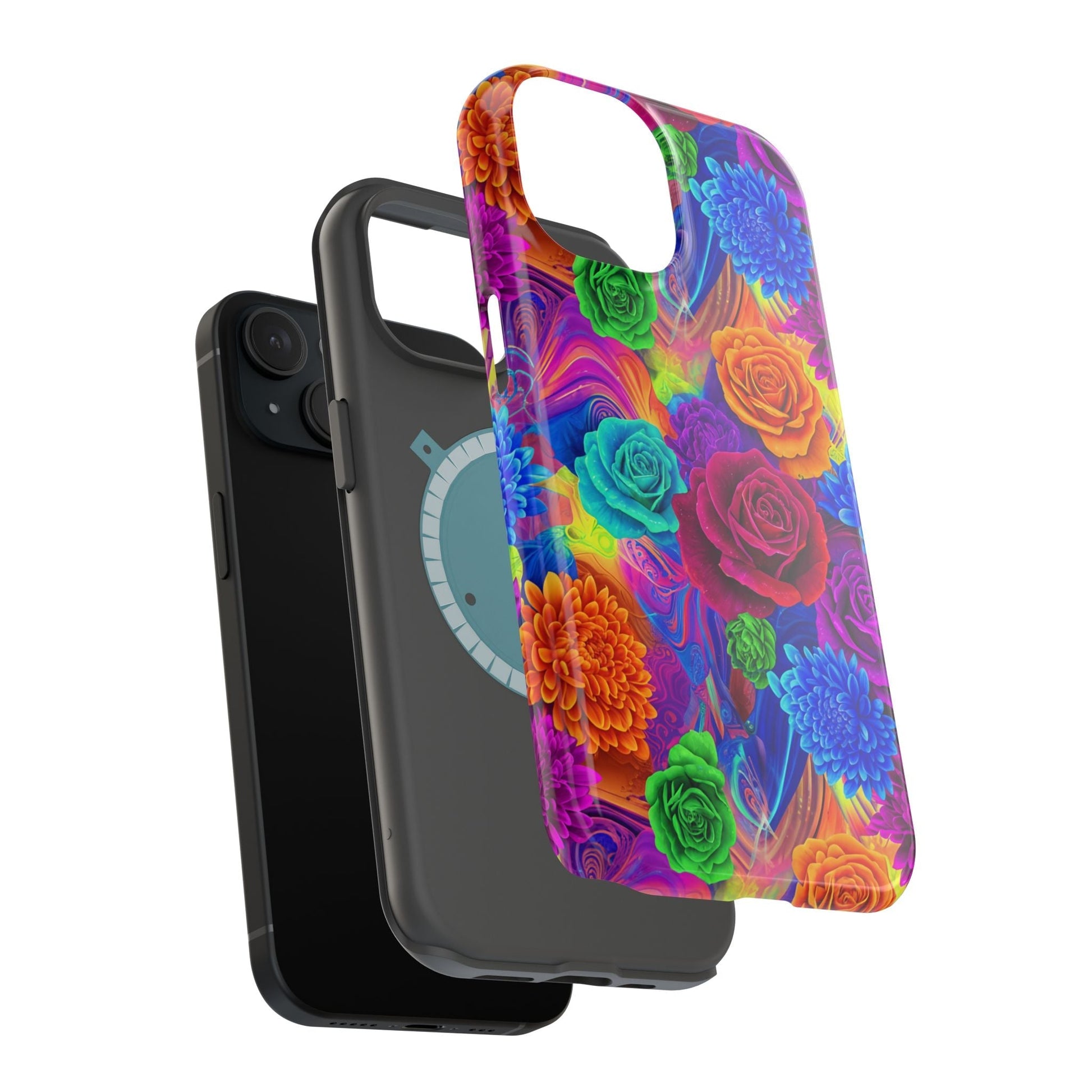 Colorful vibrant floral pattern iPhone tough case with dual-layer impact-resistant design and MagSafe compatibility
