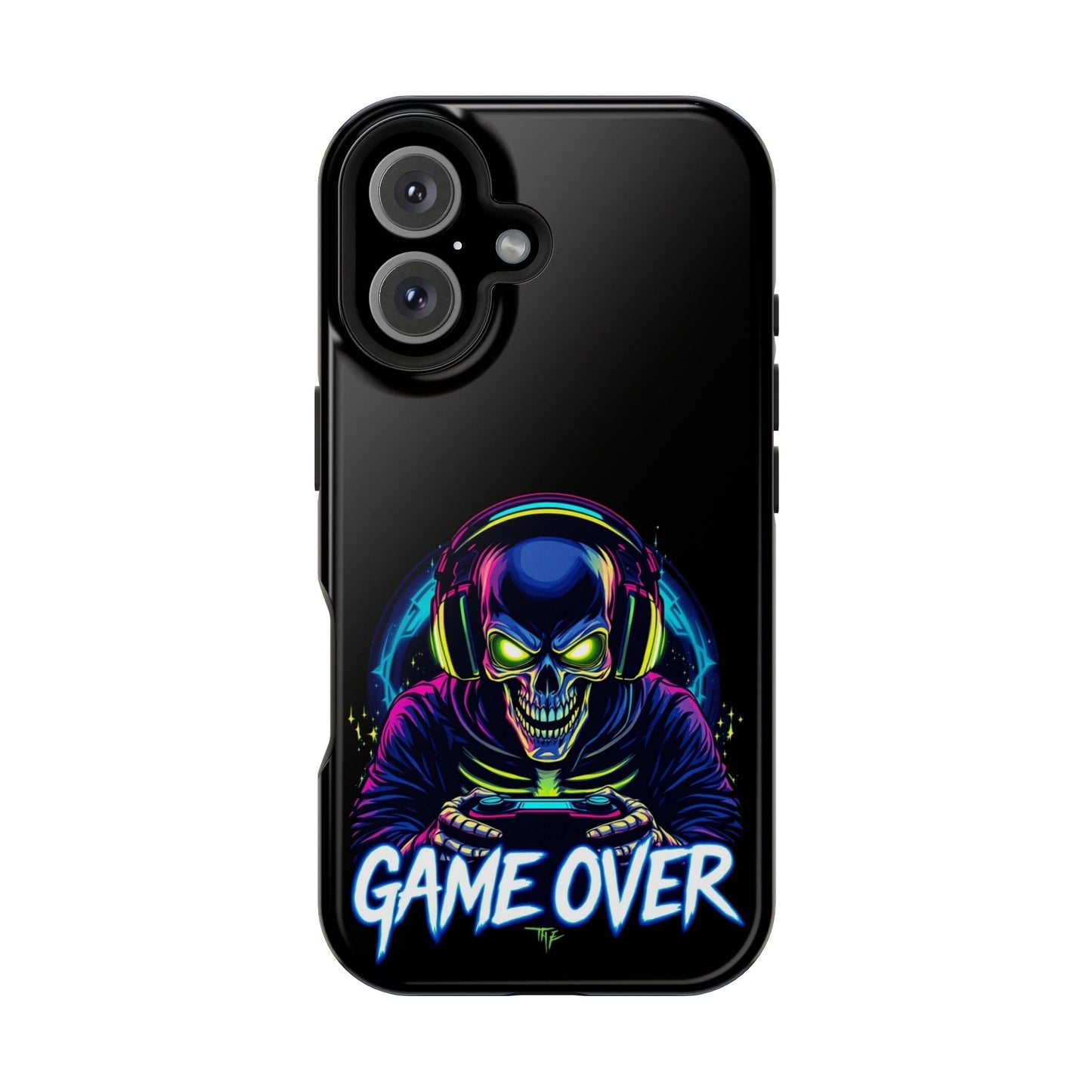 Game Over Gamer iPhone tough case with vibrant skull gamer design, dual-layer protective polycarbonate and TPU, MagSafe compatible.