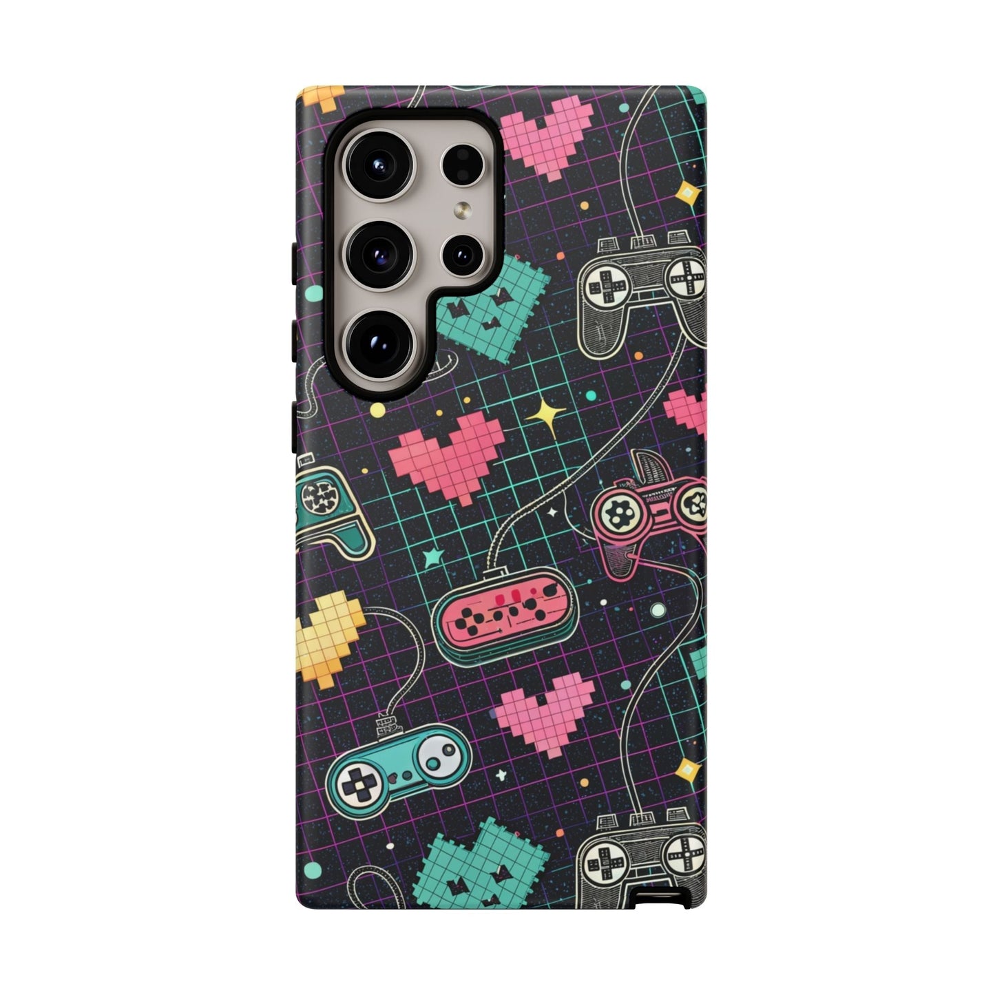 Retro Gamer Tough Case for Samsung Galaxy with colorful pixel hearts and vintage game controller design, durable and impact-resistant phone cover.
