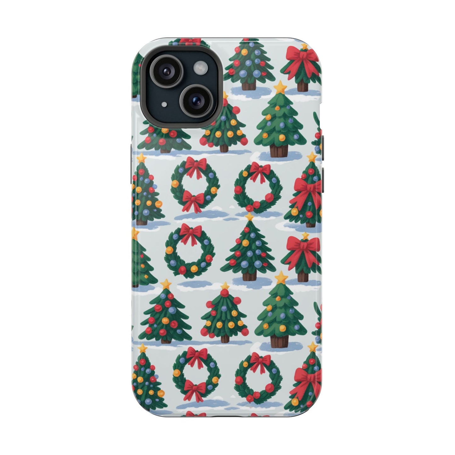 iPhone case with festive holiday tree and wreath pattern for Christmas celebrations