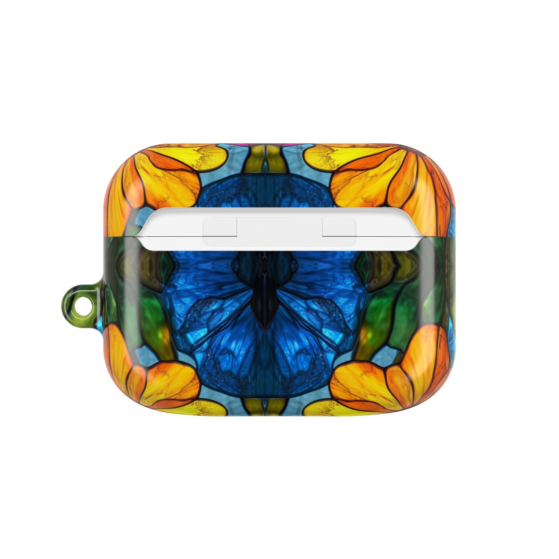 Colorful floral AirPods case with blue butterfly design, impact and scratch resistant, lightweight with carabiner for easy carrying.
