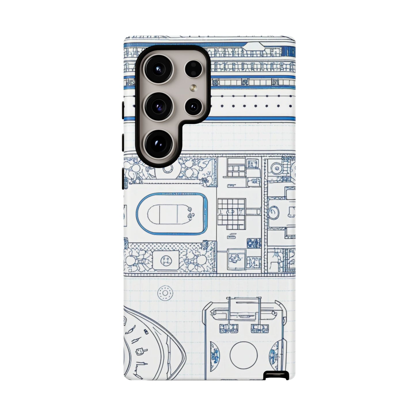 Samsung phone case with cruise ship design blueprint pattern, durable and shock-absorbent protection for Galaxy models