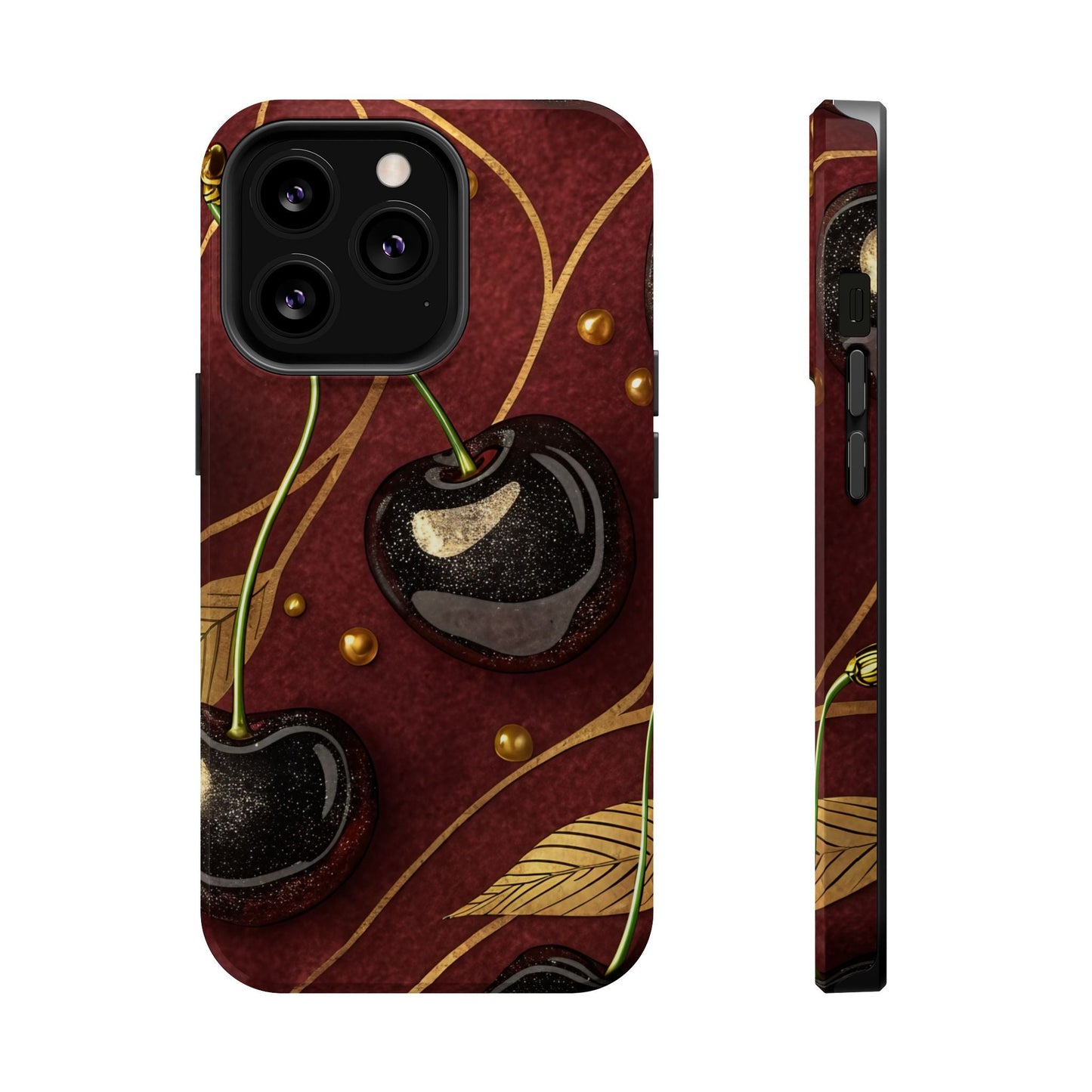 Golden Cherry iPhone Tough Case with bold cherry-gold design, durable dual-layer protection, and MagSafe compatibility for iPhone 13 to 17 Pro Max