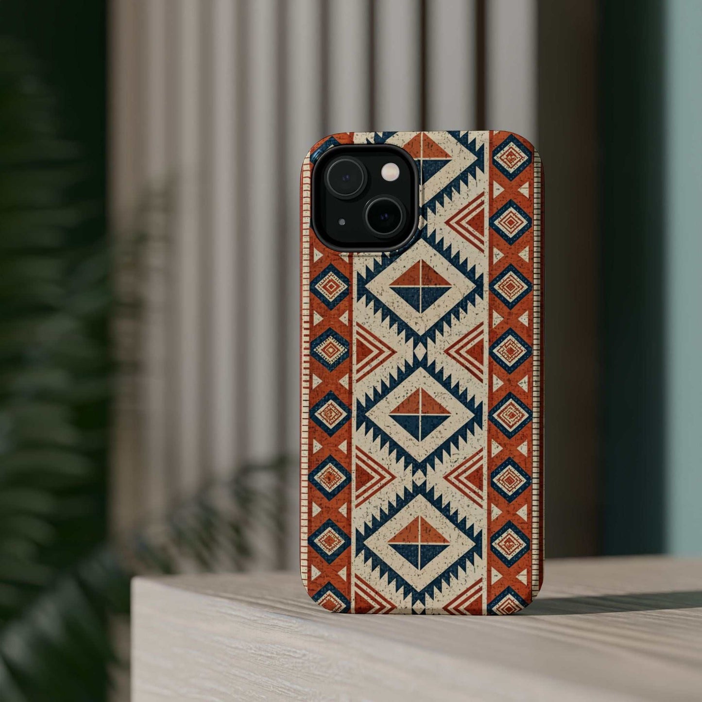 iPhone case with durable magnetic tough cover featuring bold tribal inspired pattern in earth tones