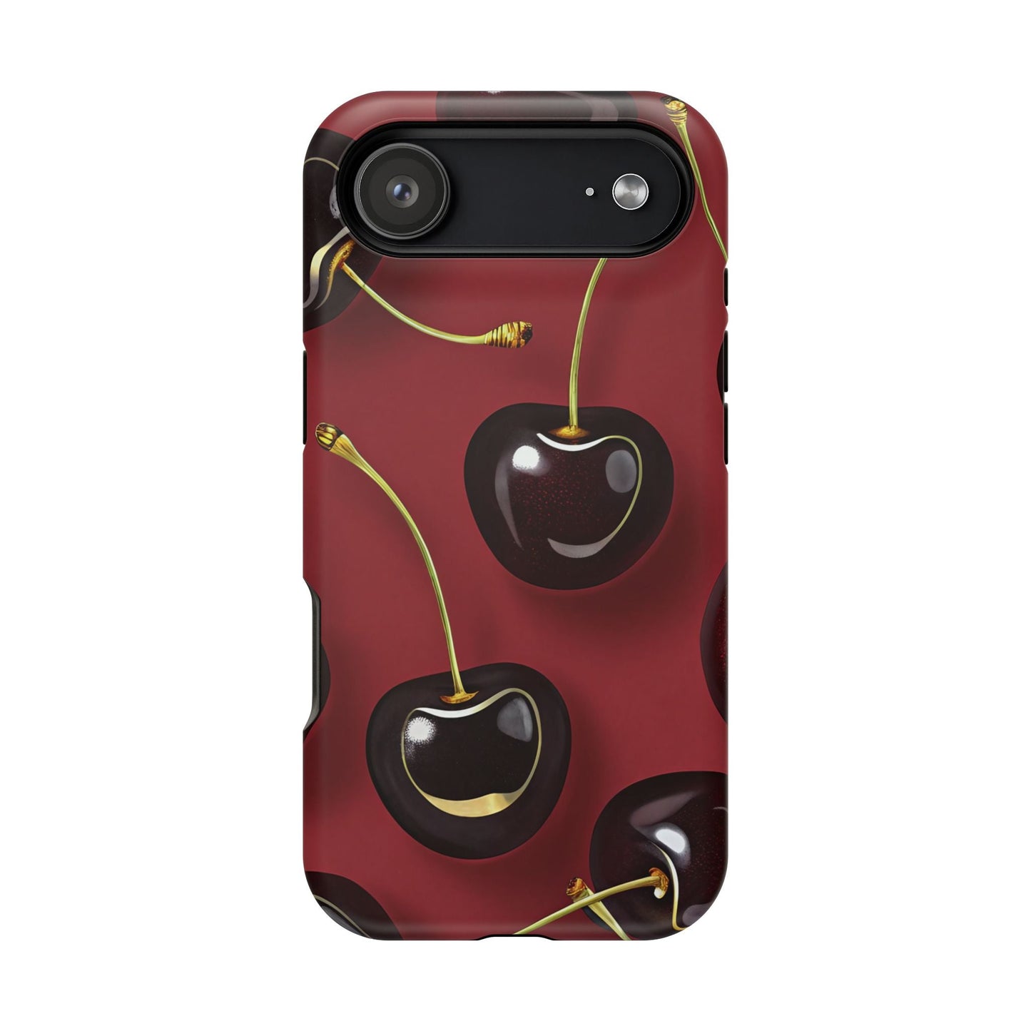 Cherry iPhone tough case with vibrant dual-layer protection and photo-realistic cherry design, MagSafe compatible