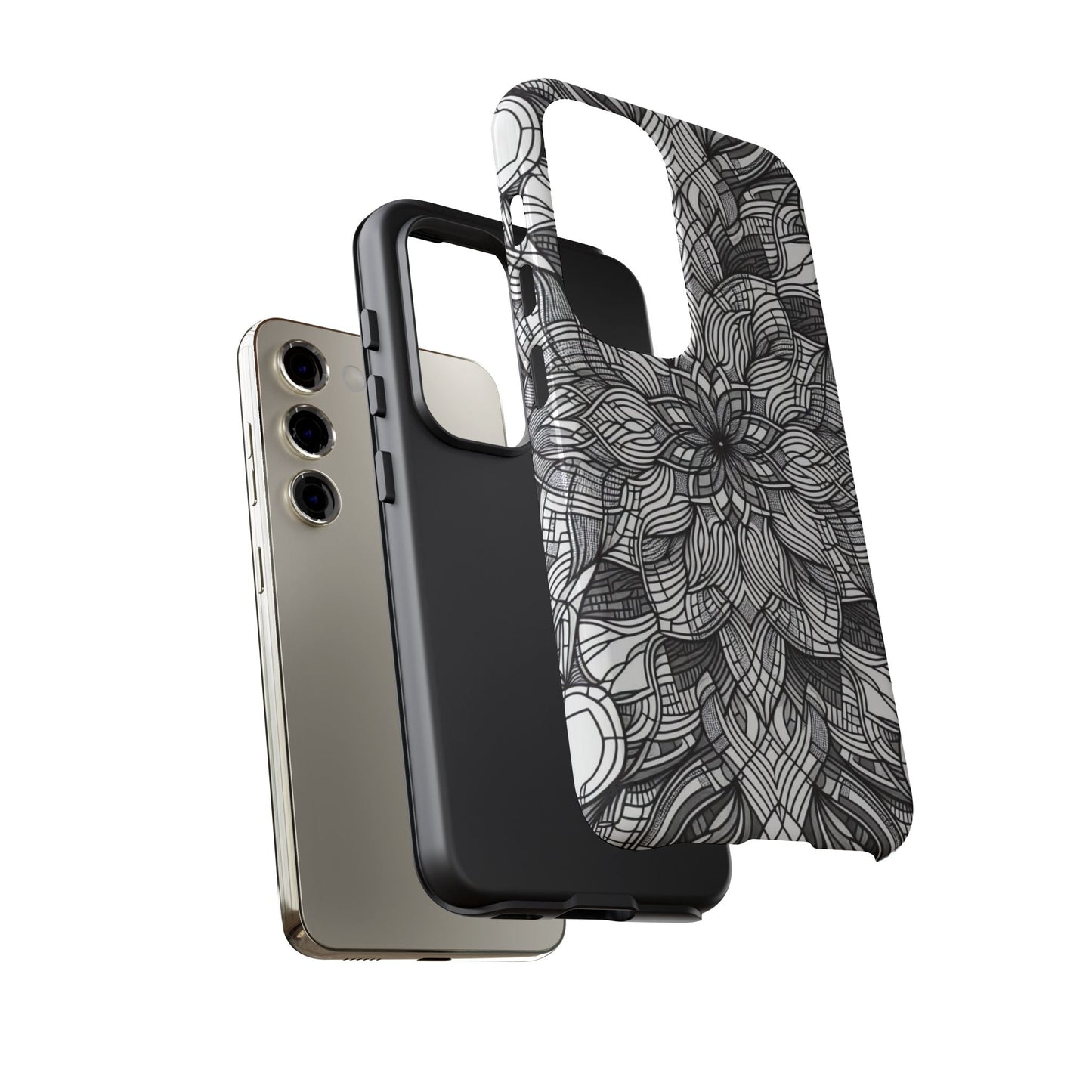 Black and White Art Explosion Samsung phone case with intricate floral design and durable protective cover