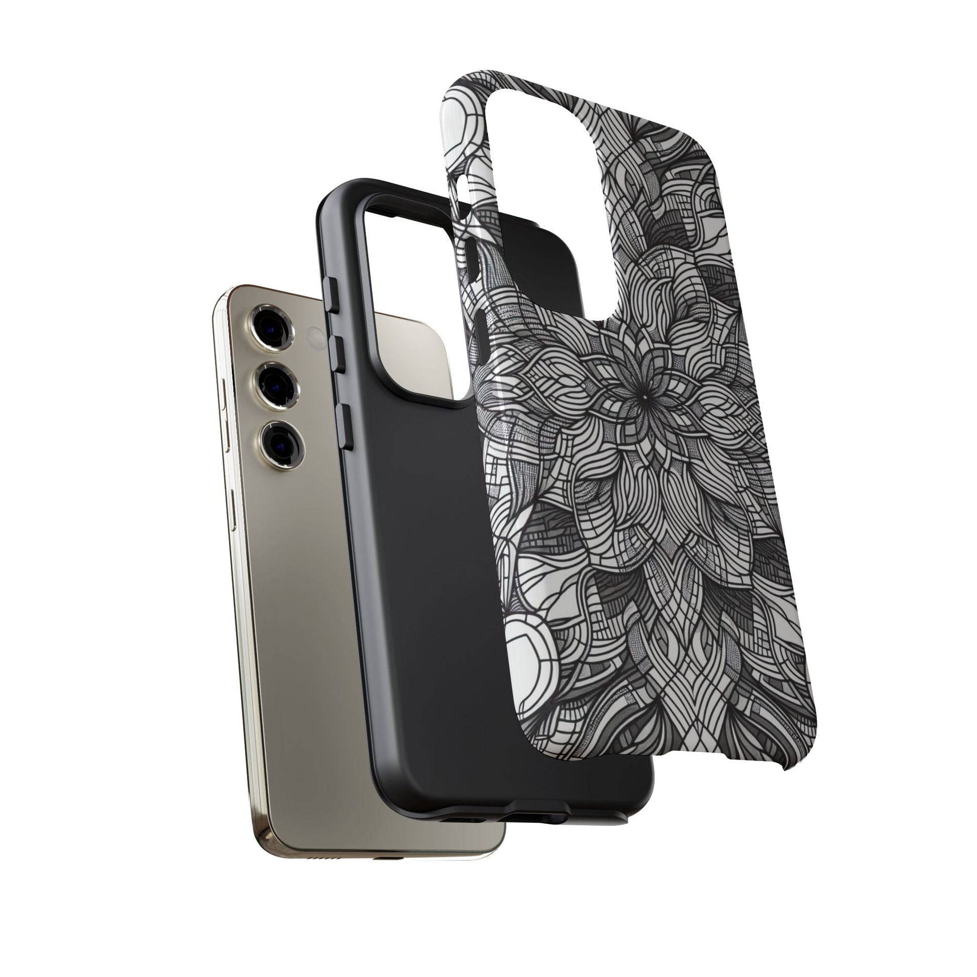 Black and White Art Explosion Samsung phone case with intricate floral design and durable protective cover