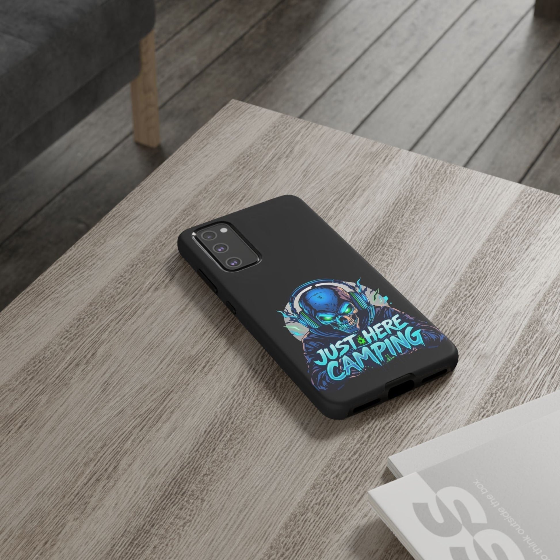 Samsung Tough Case for gaming enthusiasts with "Just Here Camping" vibrant 3D print design, durable protective cover for Samsung Galaxy models.