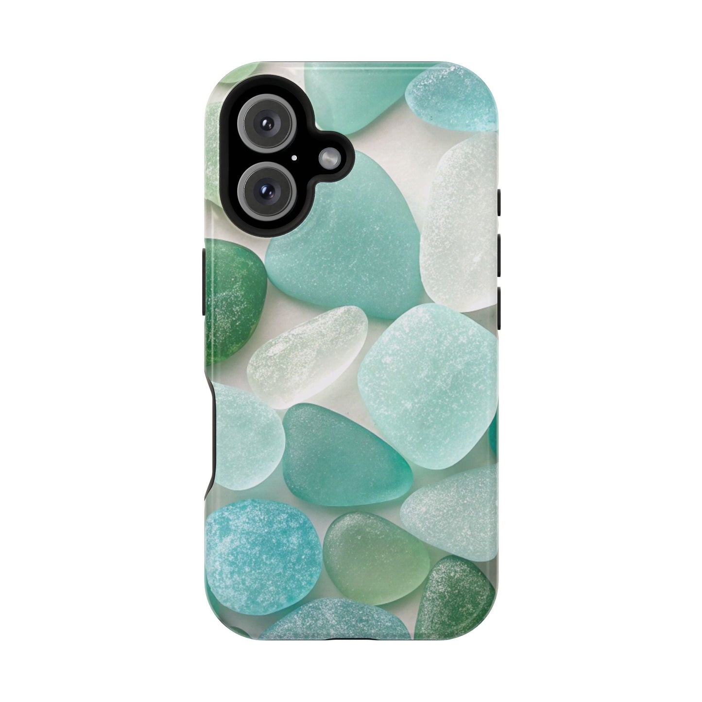 iPhone case with sea glass inspired design in calming blue and green tones, durable protective dual-layer with MagSafe compatibility