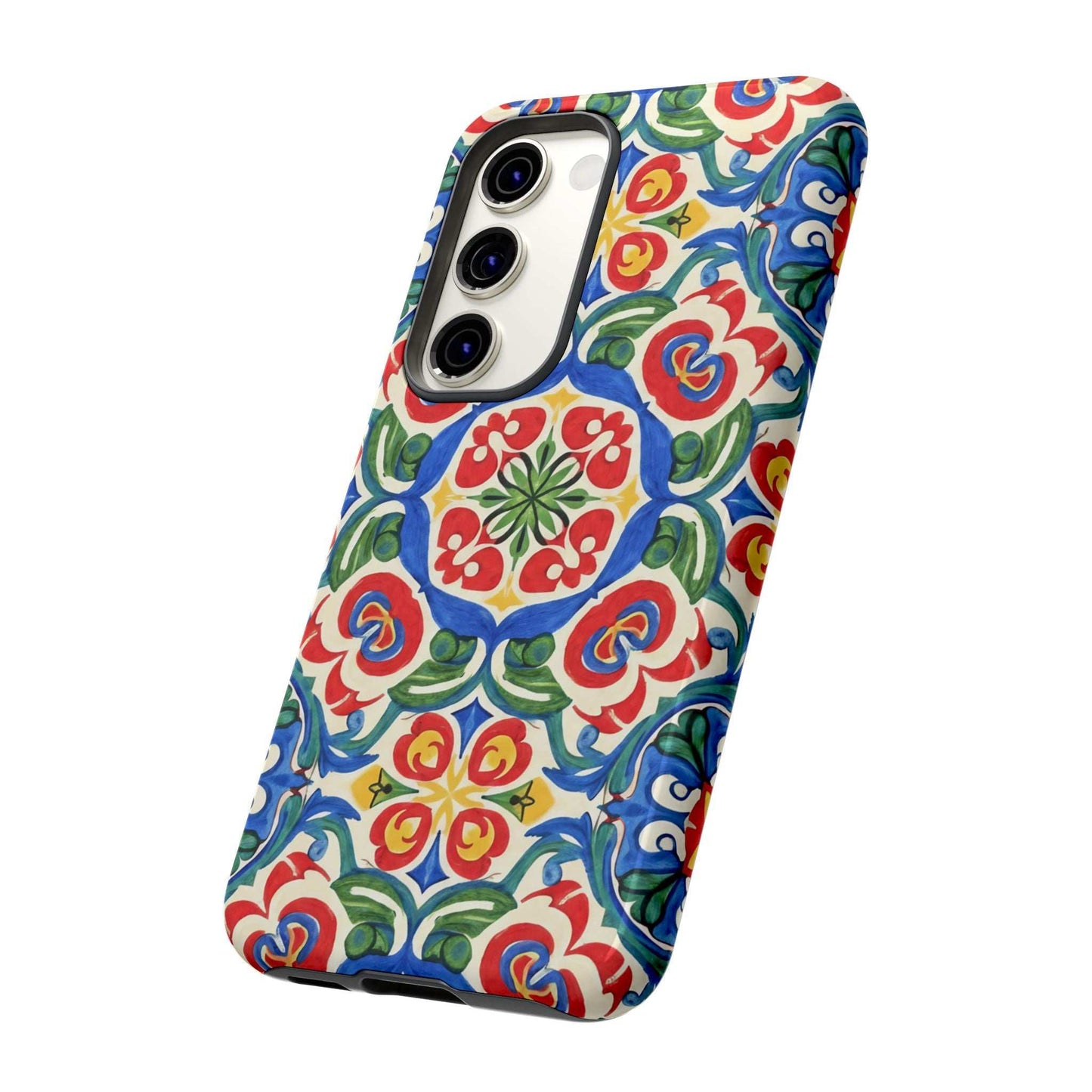 Mediterranean hand-painted folk tile pattern Samsung phone case with dual-layer protection and UV-resistant print