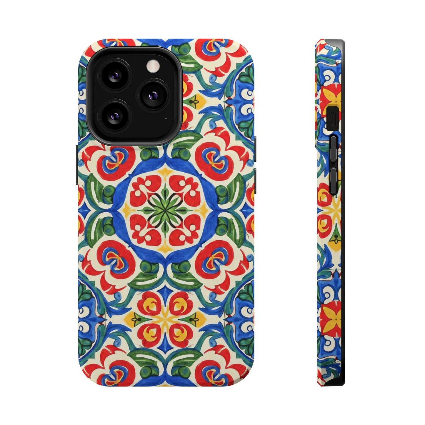Mediterranean iPhone Case colorful folk tile art protective cover with MagSafe compatibility