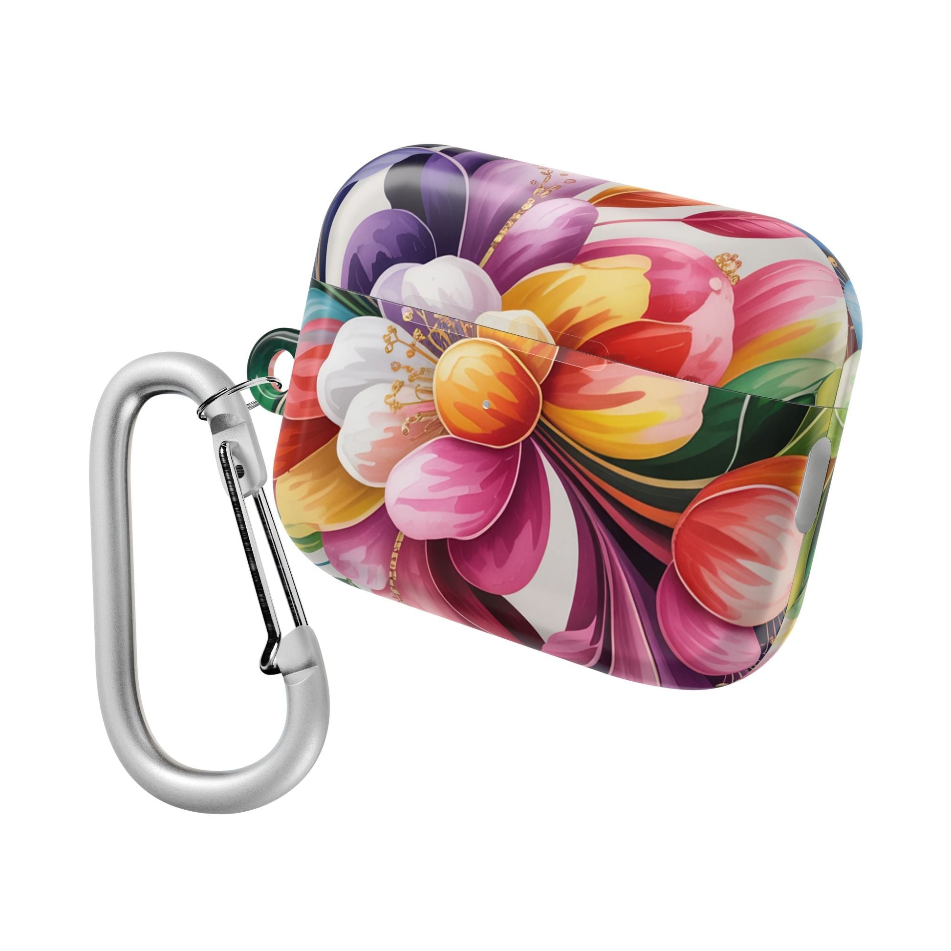 Floral inspired AirPod case with durable polycarbonate, scratch-resistant finish, and carabiner attachment